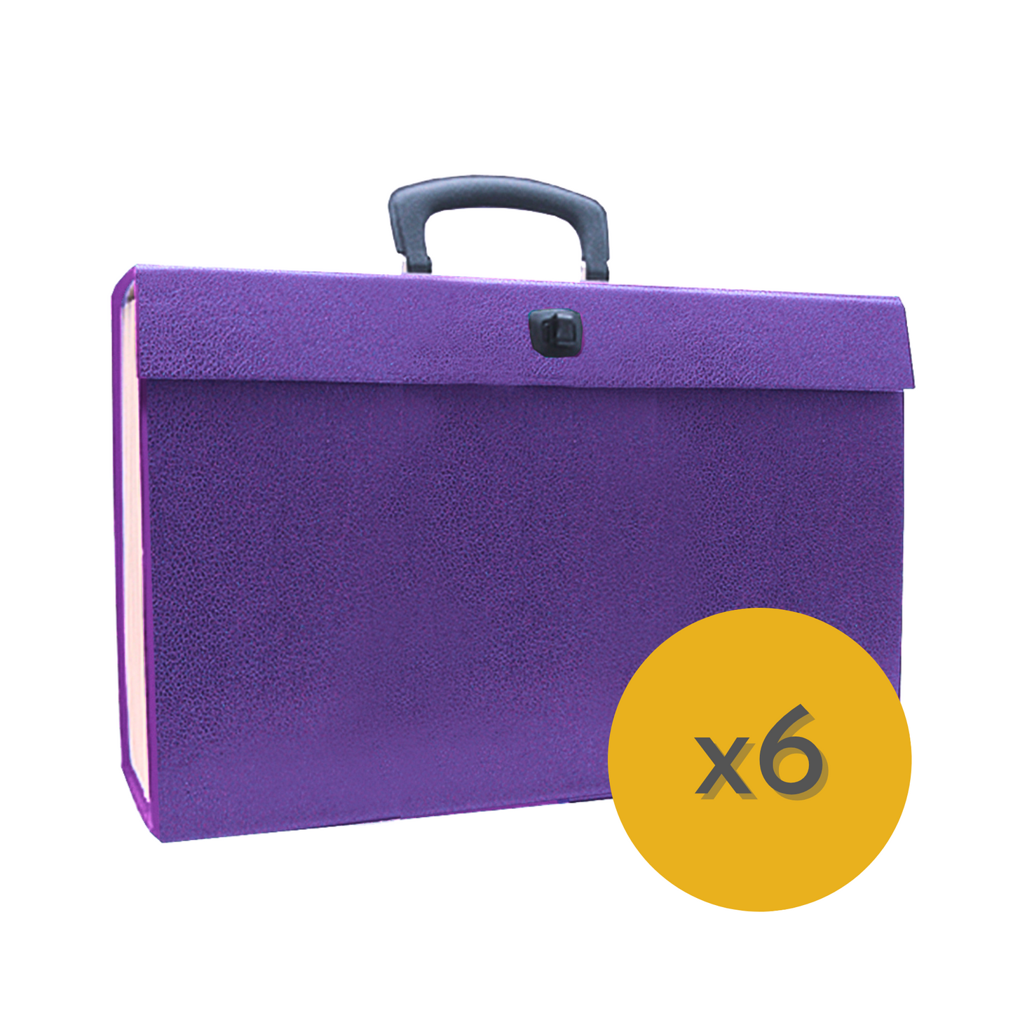 The image displays a purple, textured expanding file case with a handle and a clasp for secure closure. It's a portable filing solution typically used for organizing and transporting documents. A yellow circle with the inscription "x6" shows that this product is available as part of a pack of six, indicating a bulk purchase or a package deal. The design suggests practicality and convenience for users needing to carry and access their files on the go.