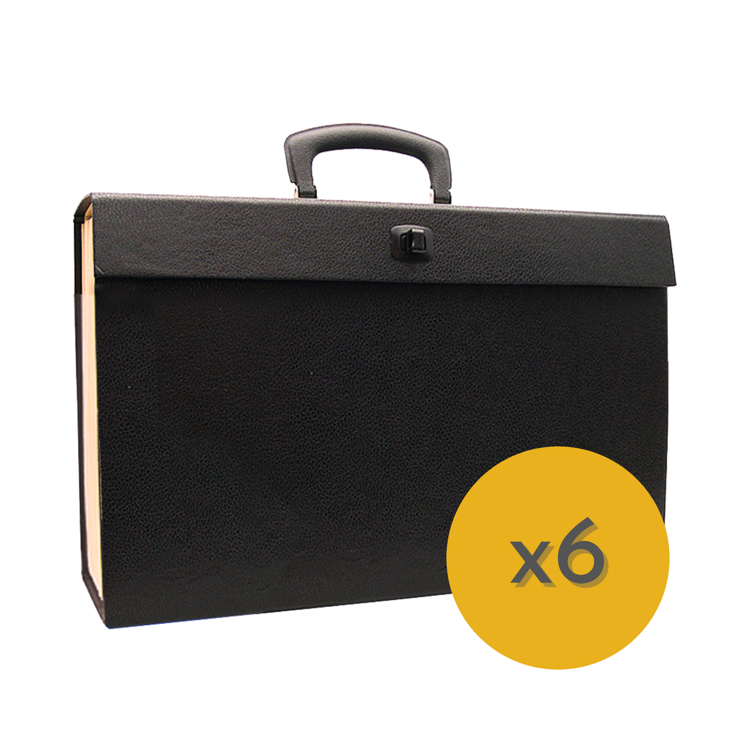 The image displays a black, textured expanding file case with a handle and a clasp for secure closure. It's a portable filing solution typically used for organizing and transporting documents. A yellow circle with the inscription "x6" shows that this product is available as part of a pack of six, indicating a bulk purchase or a package deal. The design suggests practicality and convenience for users needing to carry and access their files on the go.