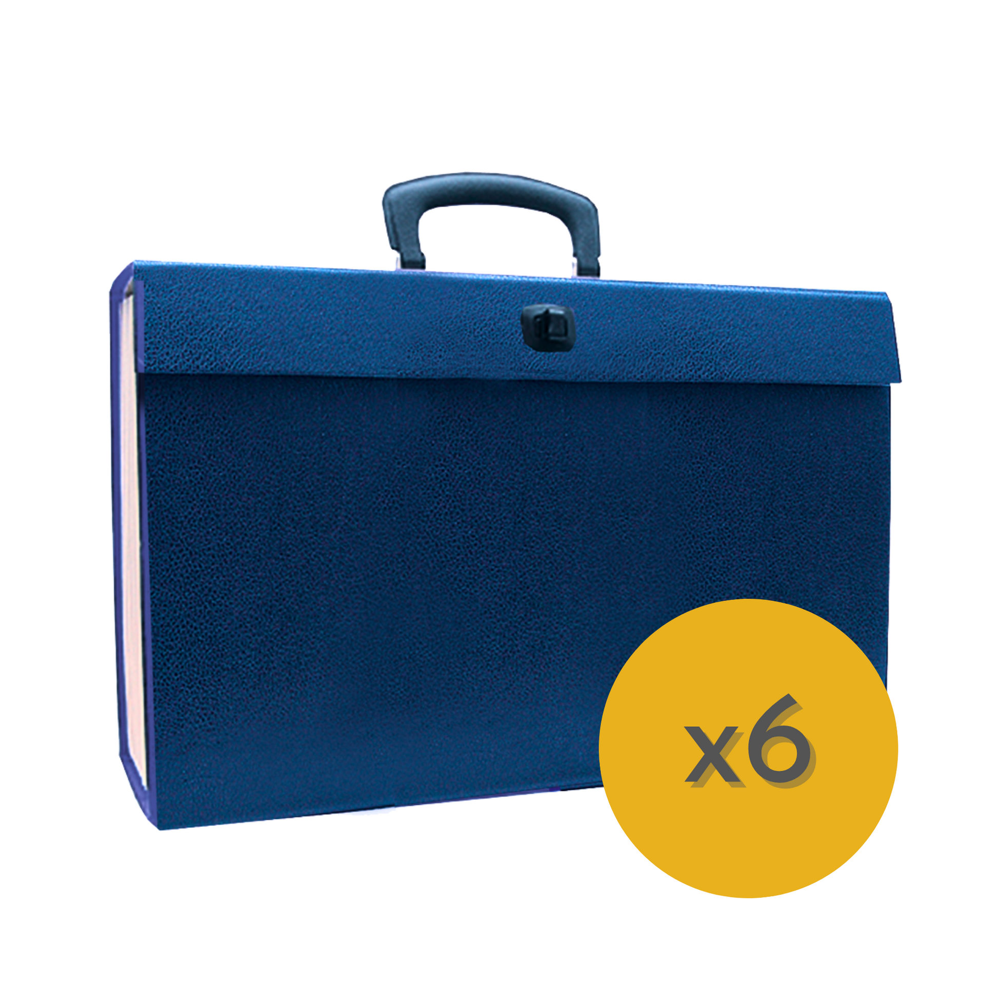 The image displays a blue, textured expanding file case with a handle and a clasp for secure closure. It's a portable filing solution typically used for organizing and transporting documents. A yellow circle with the inscription "x6" shows that this product is available as part of a pack of six, indicating a bulk purchase or a package deal. The design suggests practicality and convenience for users needing to carry and access their files on the go.