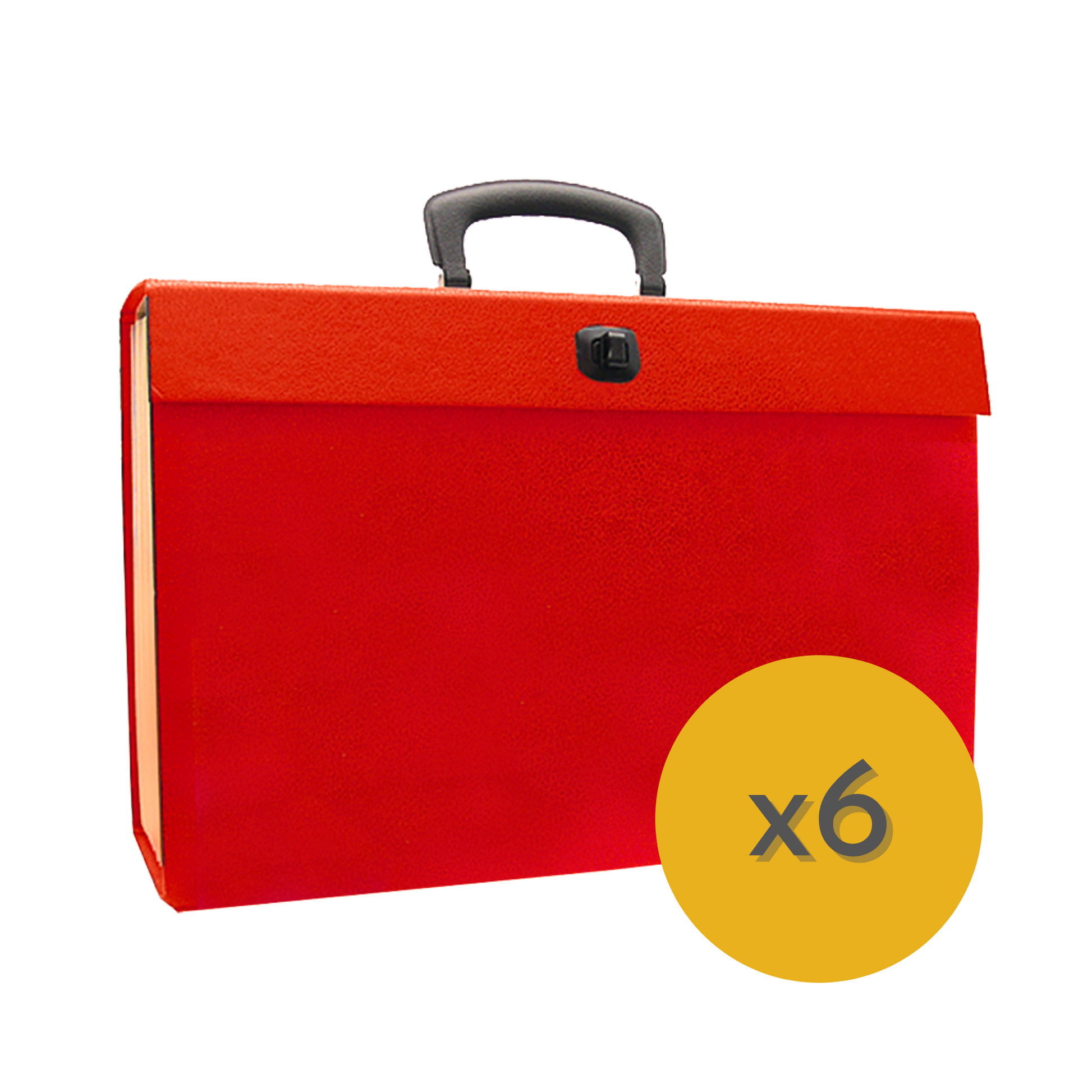 The image displays a red, textured expanding file case with a handle and a clasp for secure closure. It's a portable filing solution typically used for organizing and transporting documents. A yellow circle with the inscription "x6" shows that this product is available as part of a pack of six, indicating a bulk purchase or a package deal. The design suggests practicality and convenience for users needing to carry and access their files on the go.