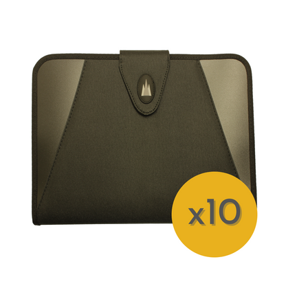 A black fabric expanding document folder with a velcro flap fastening and sturdy black binding. In the bottom right corner, a bold yellow circle with the text 'x10' indicates the featured bundle offer. The folder has a clean, professional look with a Cathedral Products logo on the velcro fastener.