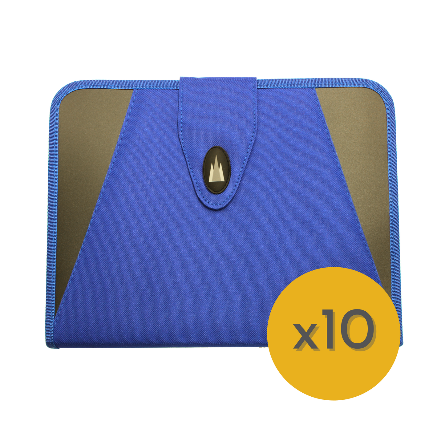 A blue fabric expanding document folder with a velcro flap fastening and sturdy blue binding. In the bottom right corner, a bold yellow circle with the text 'x10' indicates the featured bundle offer. The folder has a clean, professional look with a Cathedral Products logo on the velcro fastener.