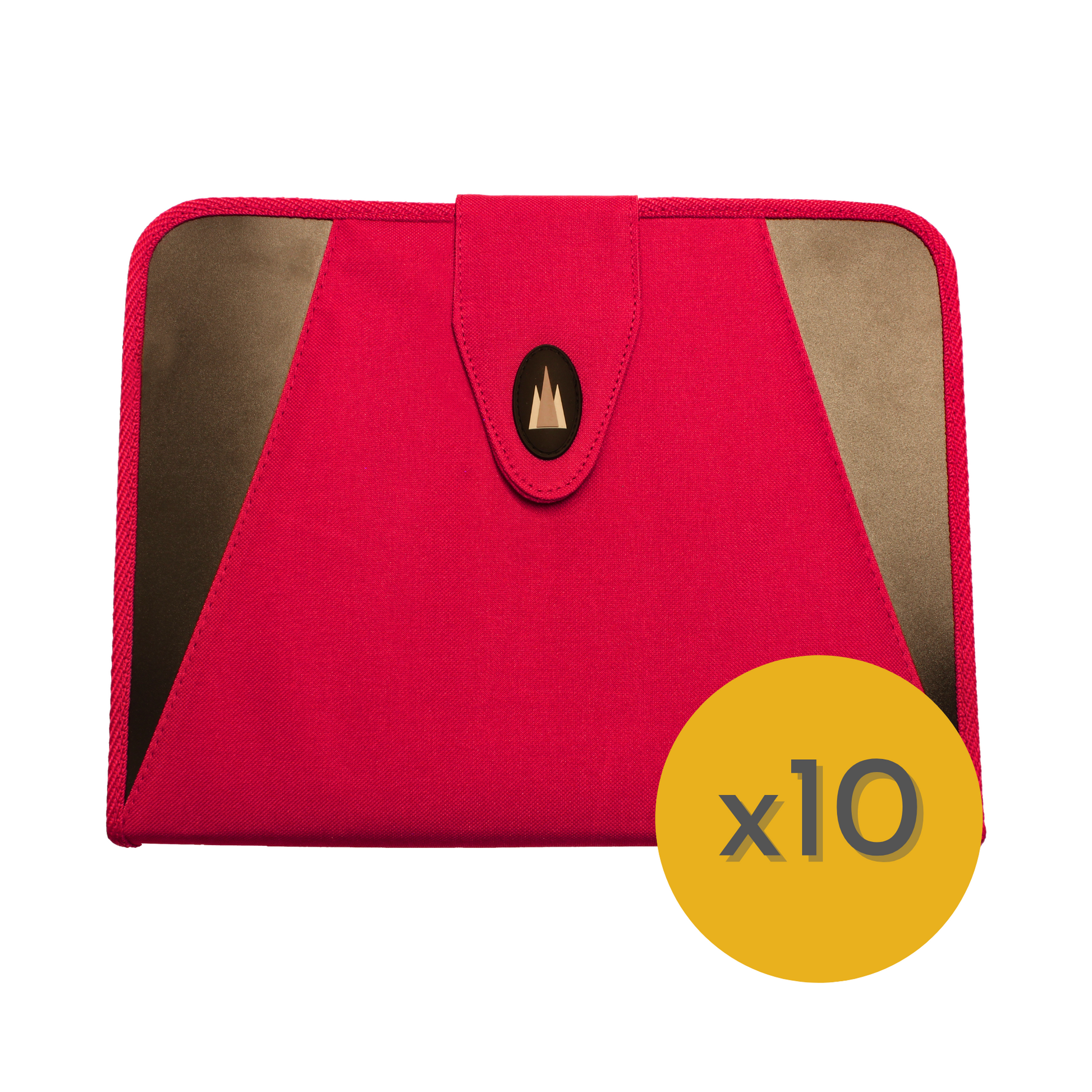A red fabric expanding document folder with a velcro flap fastening and sturdy red binding. In the bottom right corner, a bold yellow circle with the text 'x10' indicates the featured bundle offer. The folder has a clean, professional look with a Cathedral Products logo on the velcro fastener.