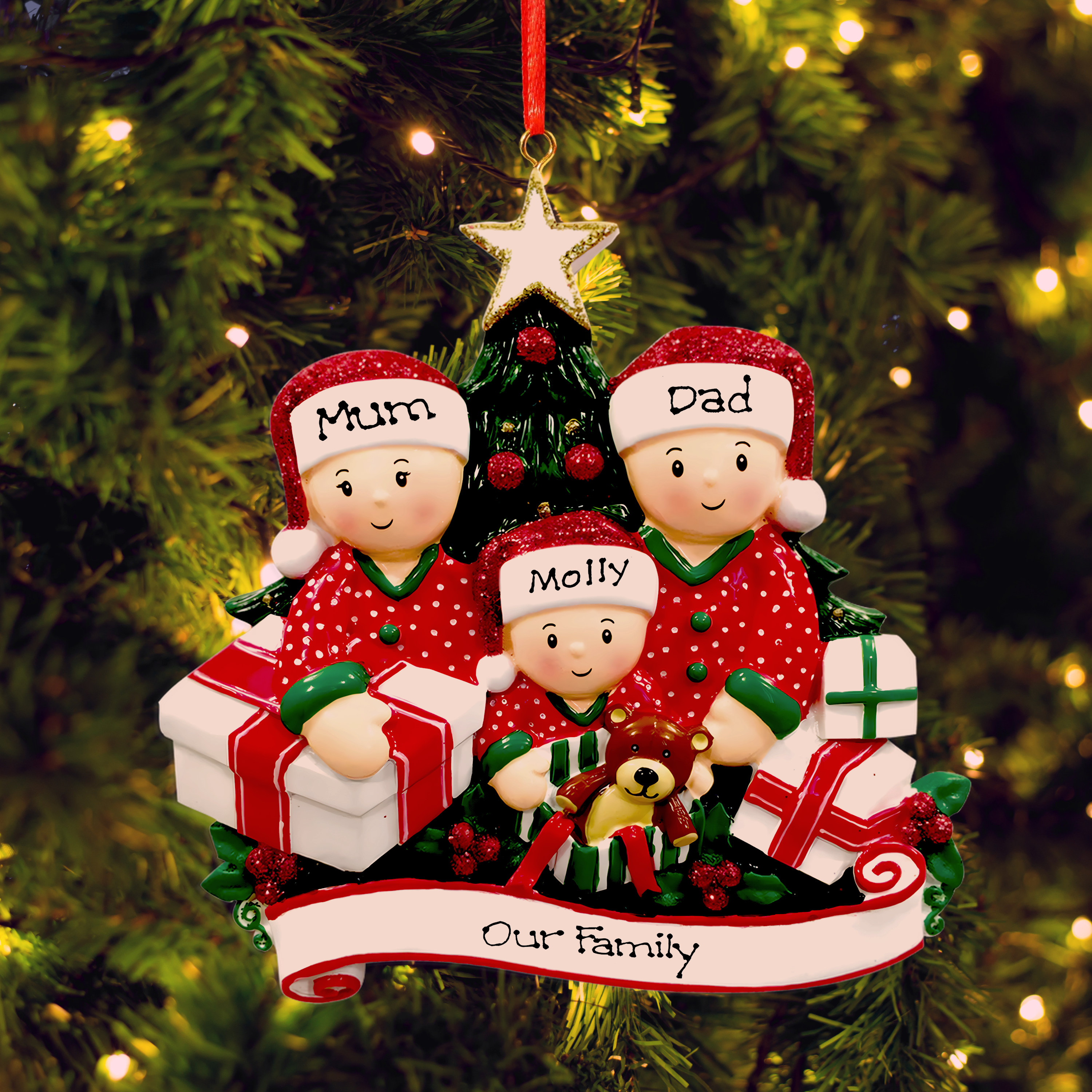 Family of 3 Opening Presents - Personalised Family Christmas Decoration