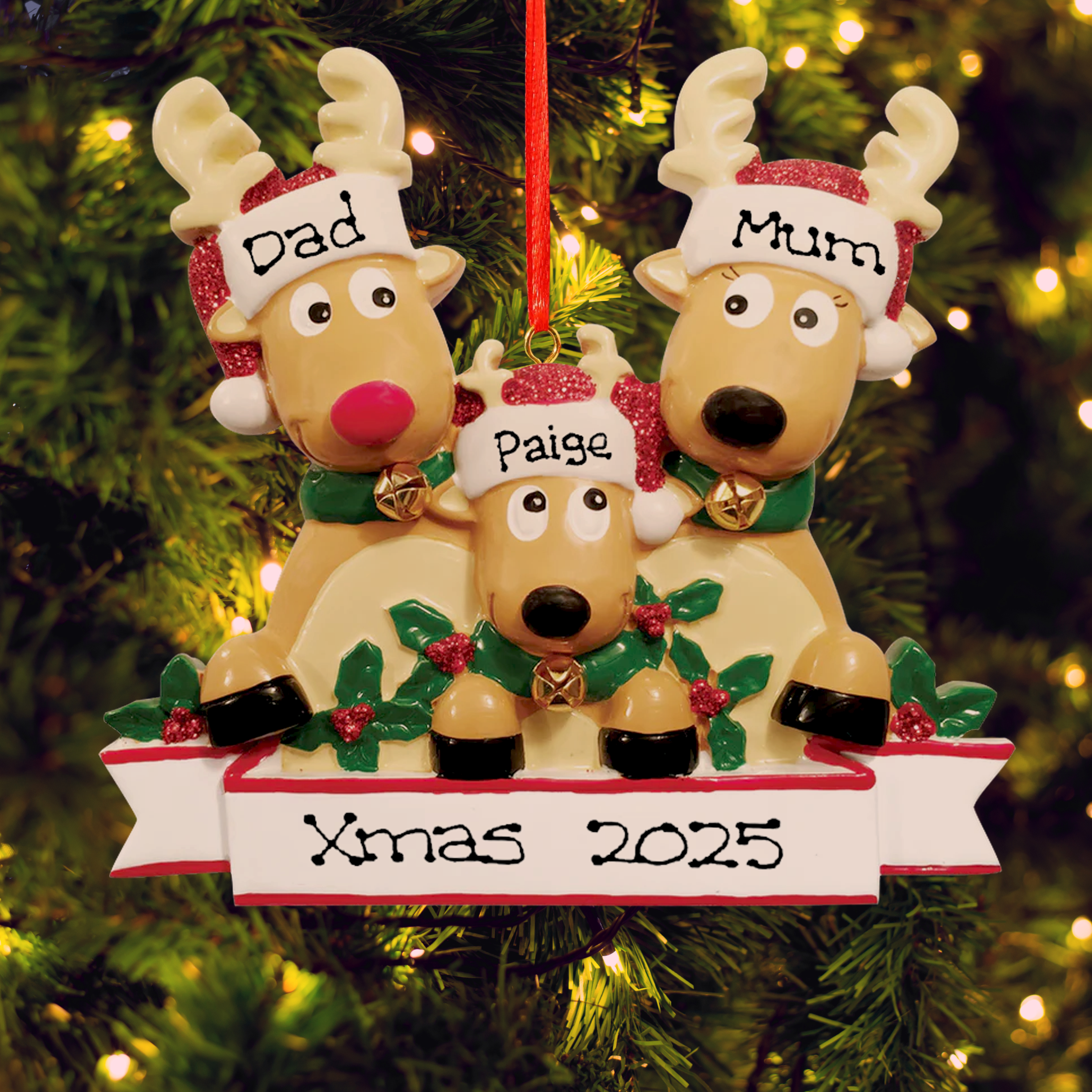 Reindeer Family of 3 - Personalised Family Christmas Ornament