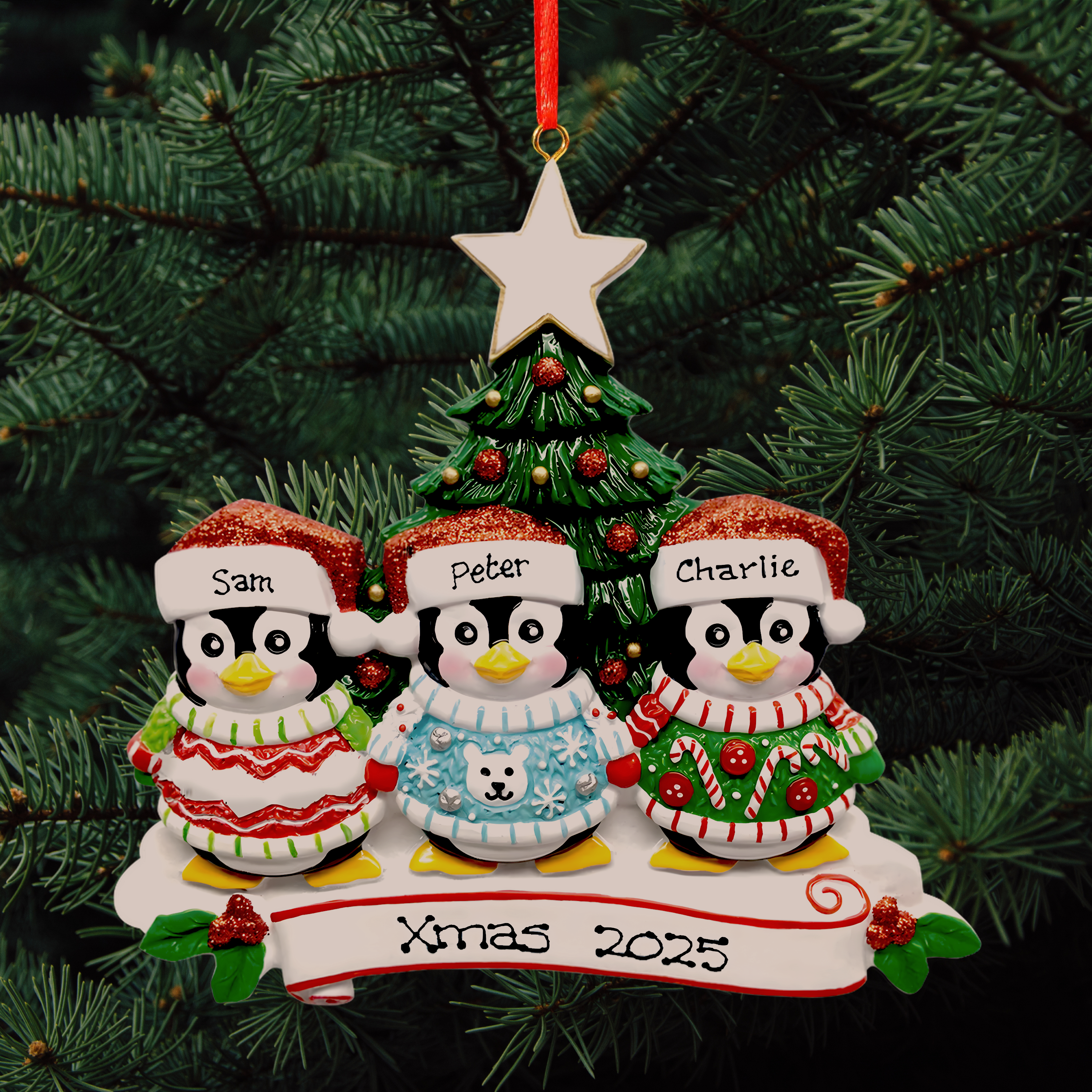 Penguin Family of 3 - Personalised Family Christmas Decoration