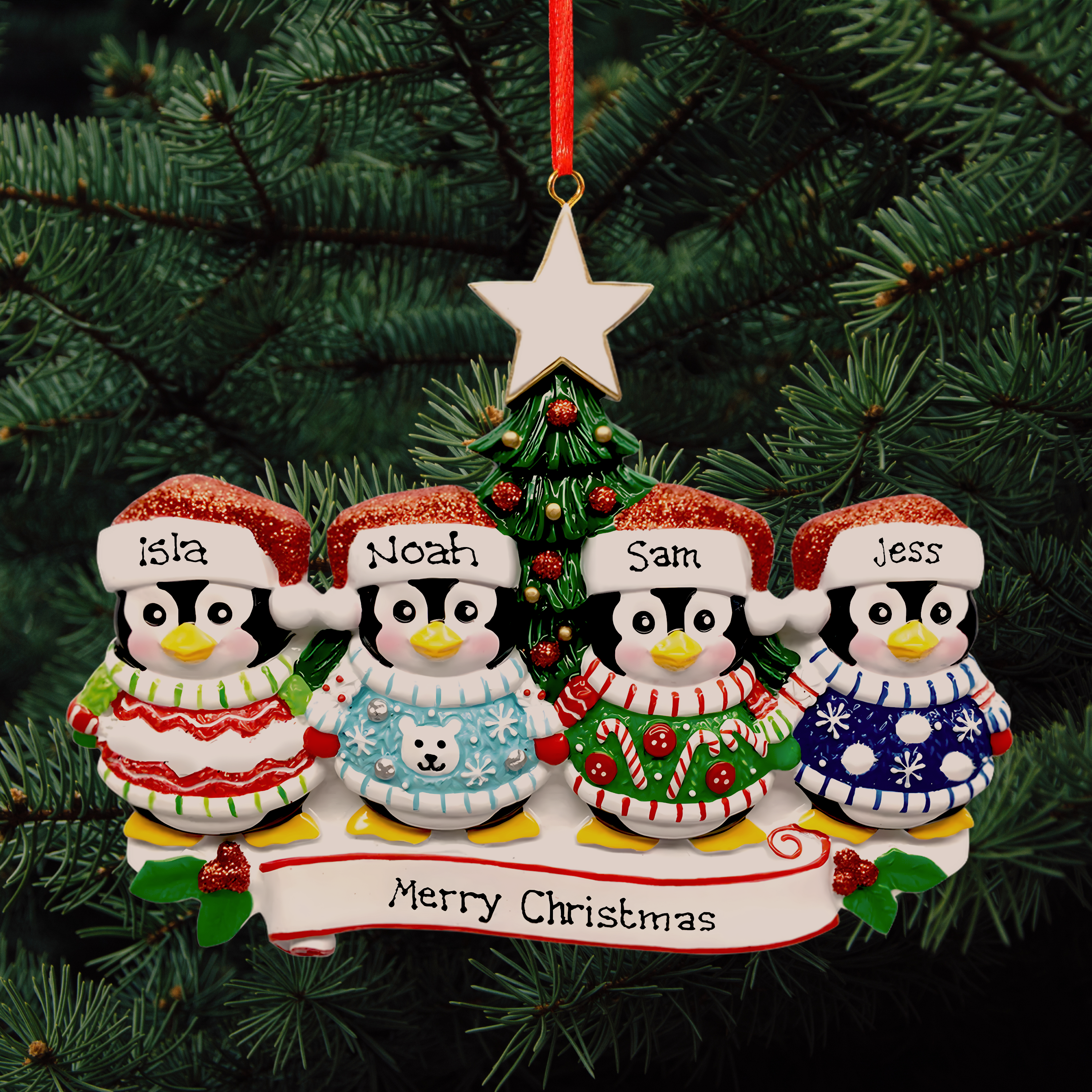 Penguin Family of 4 - Personalised Family Christmas Decoration
