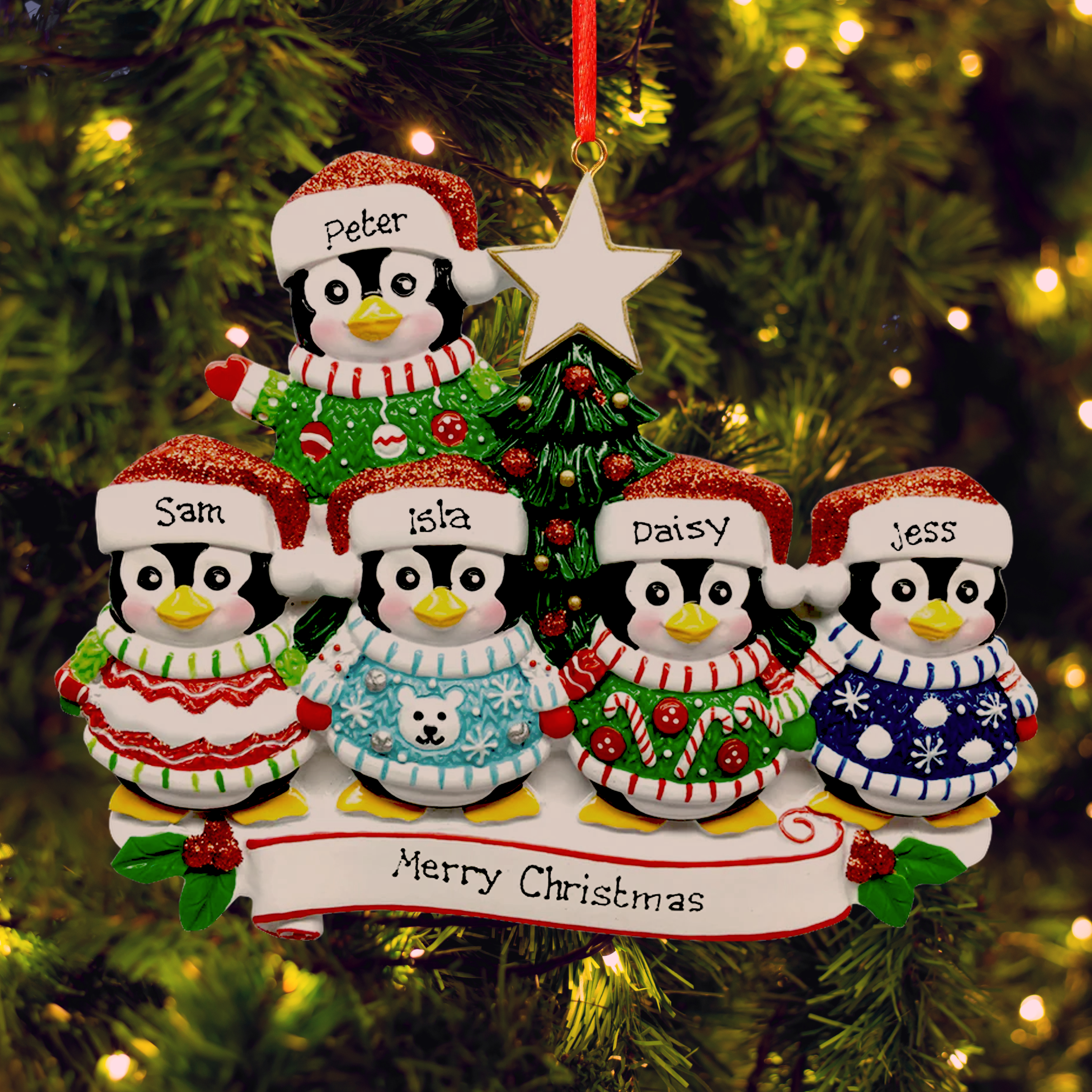 Penguin Family of 5 - Personalised Family Christmas Decoration