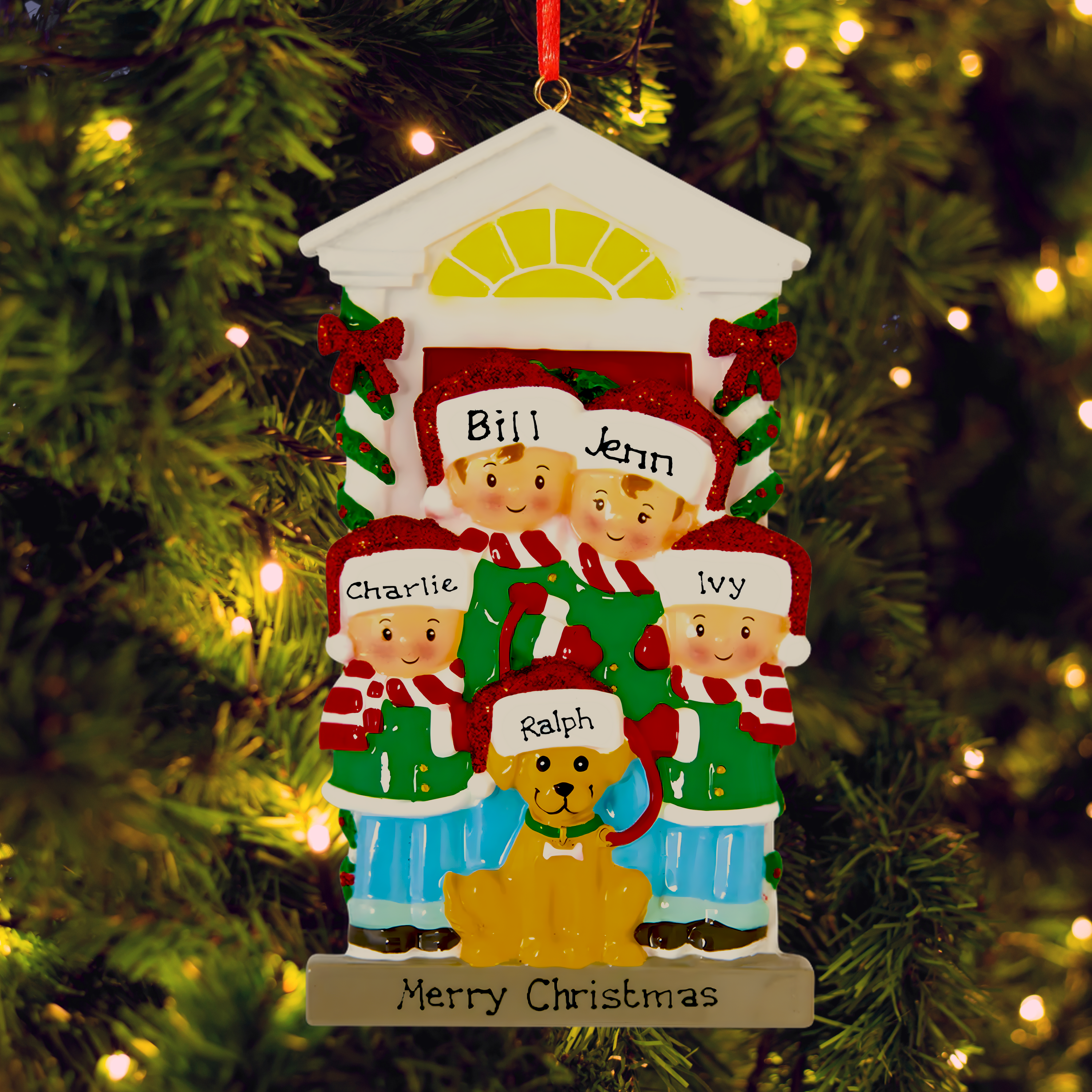 Family of 4 with Dog - Personalised Family Christmas Decoration