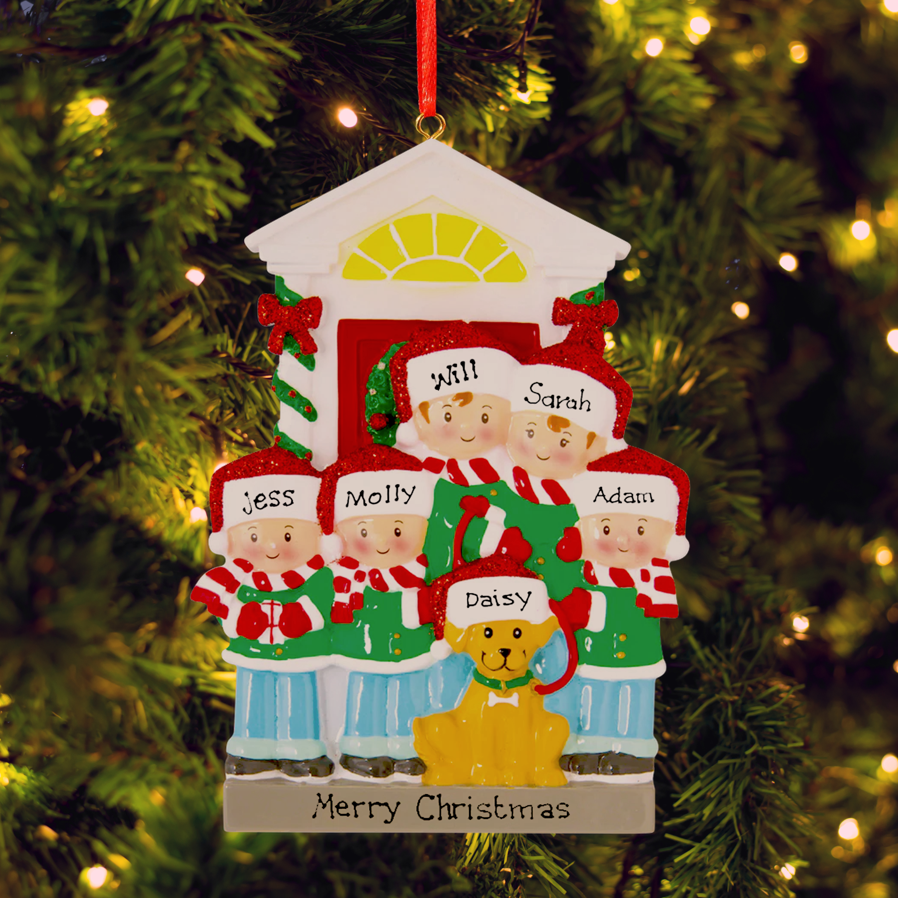 Family of 5 with Dog - Personalised Family Christmas Decoration