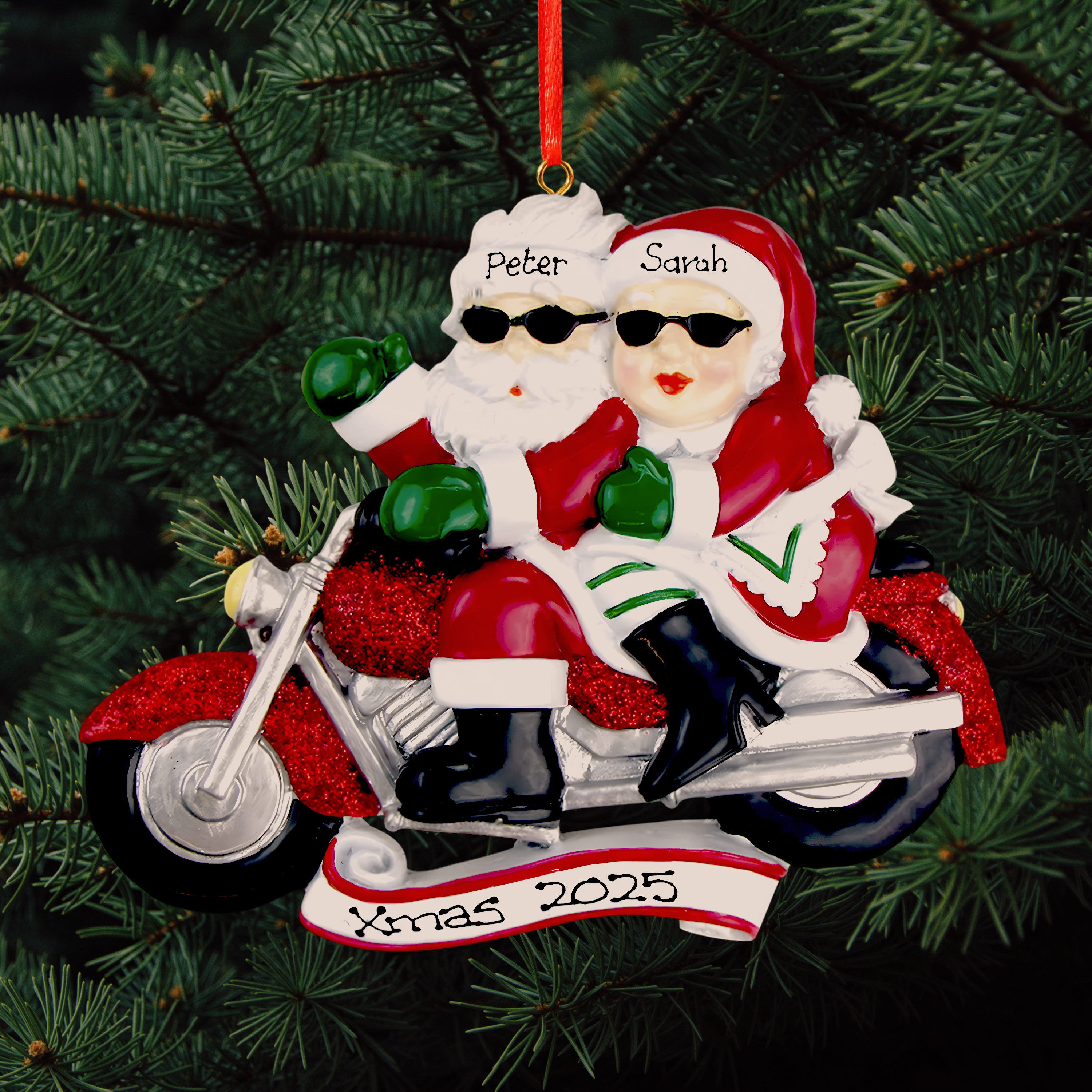 Biker Mr & Mrs Claus - Personalised Couples Christmas Decoration
