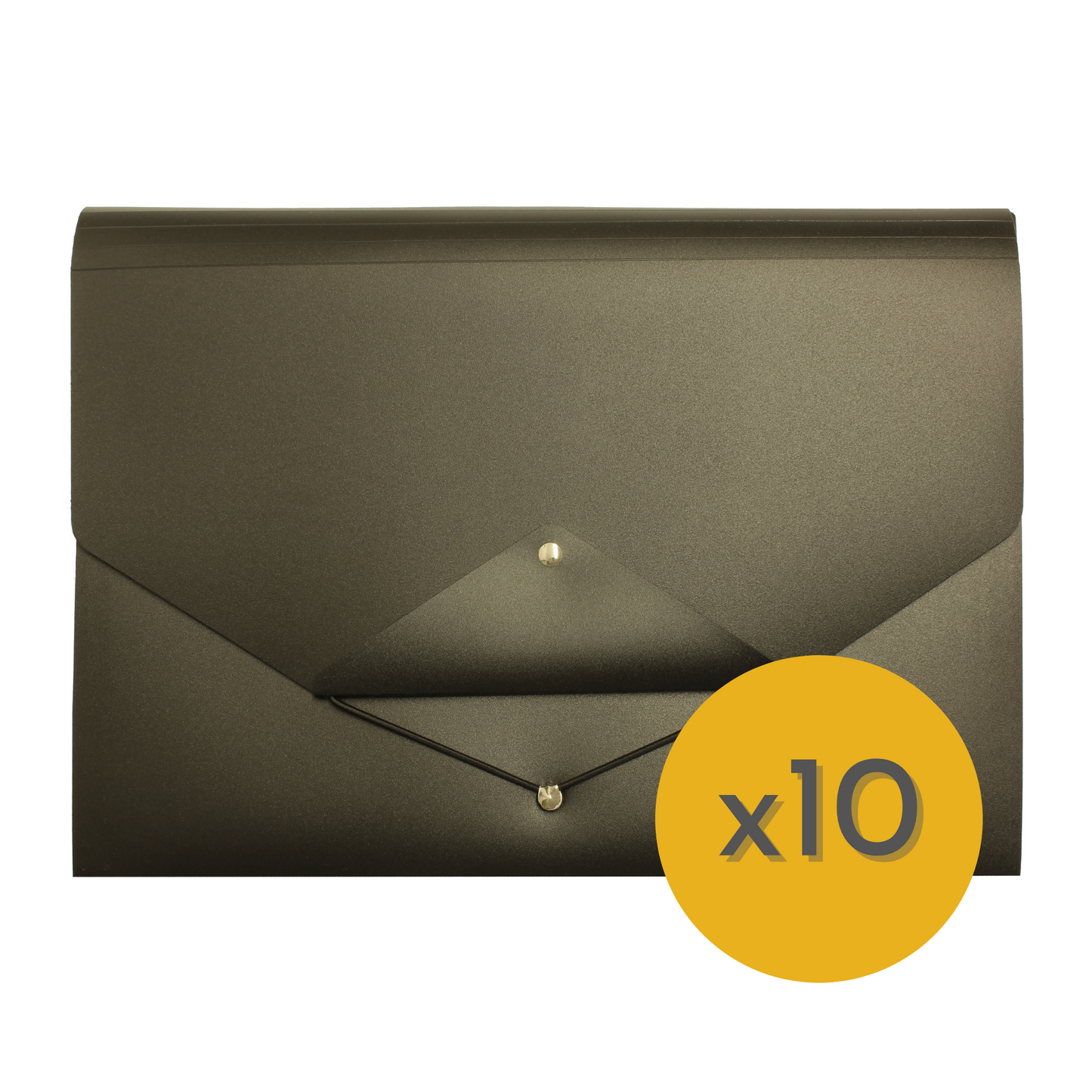 A black polypropylene expanding file with a black elastic closure, accompanied by a yellow circle graphic with 'x10' indicating it is part of a value bundle.