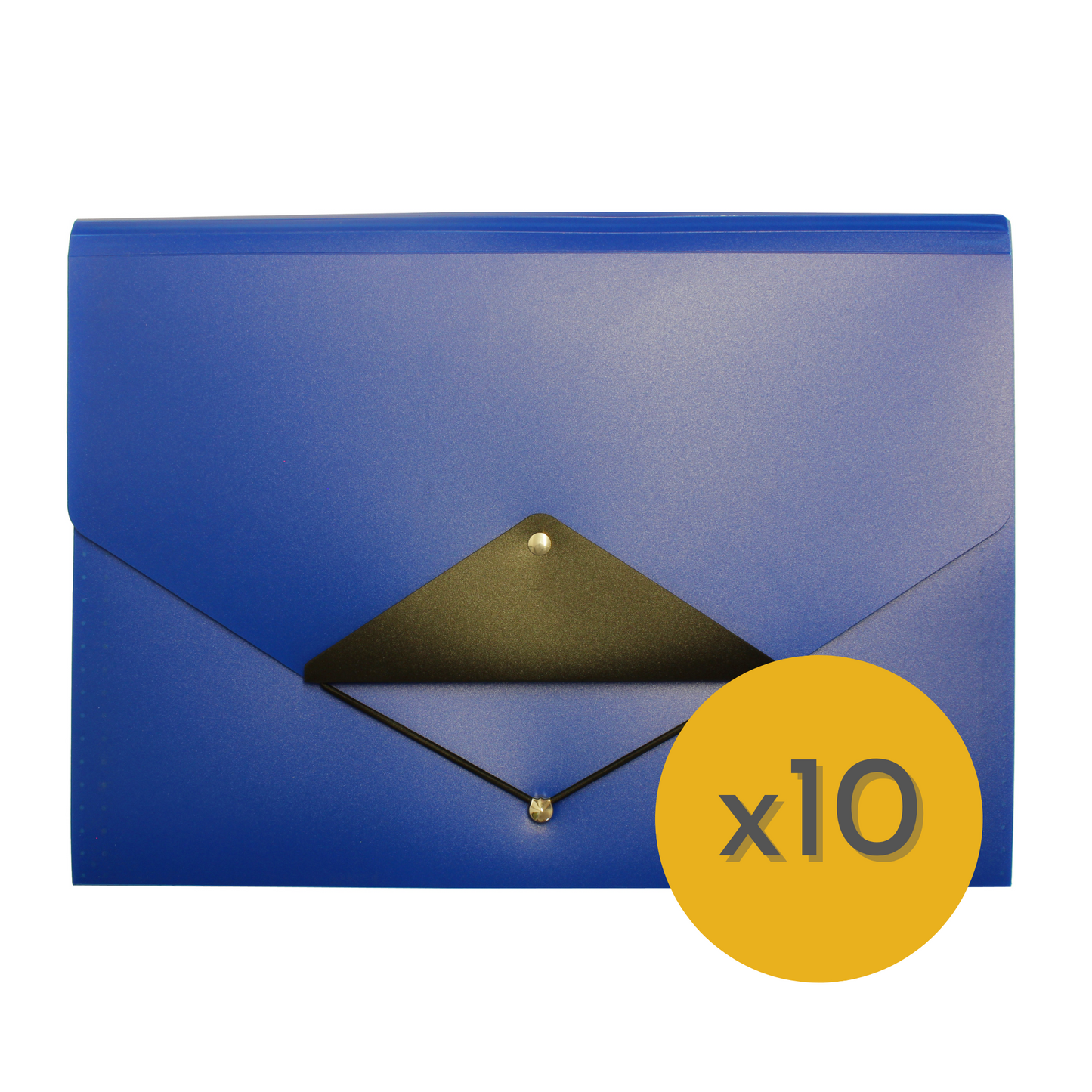 A blue polypropylene expanding file with a black elastic closure, accompanied by a yellow circle graphic with 'x10' indicating it is part of a value bundle.