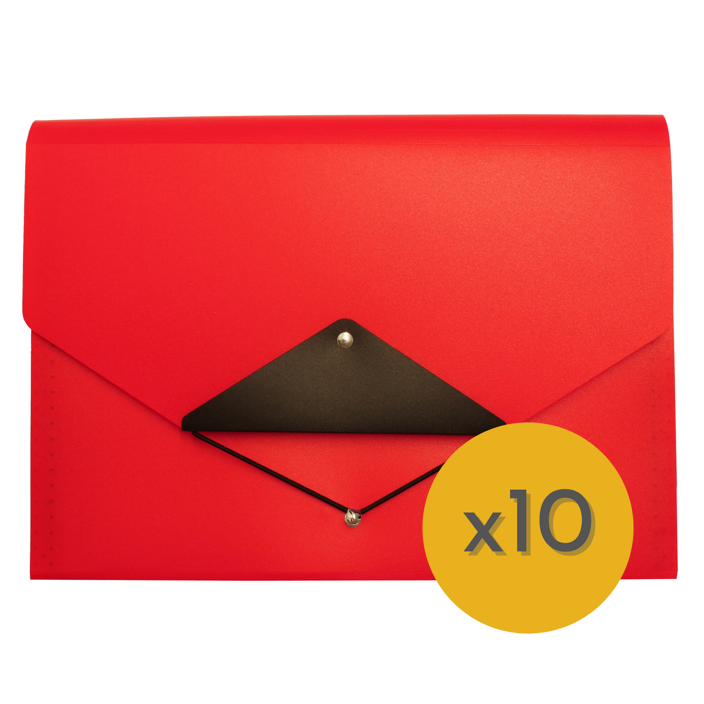 A red polypropylene expanding file with a black elastic closure, accompanied by a yellow circle graphic with 'x10' indicating it is part of a value bundle.