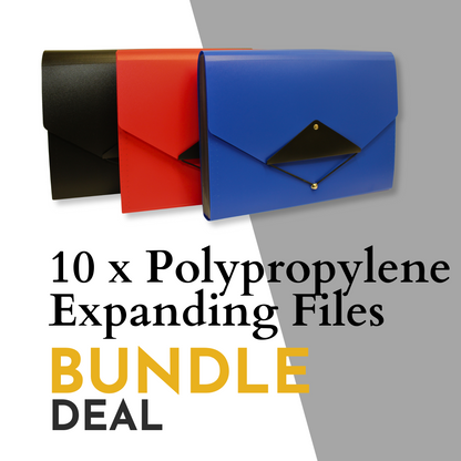 A promotional image for a value bundle of 10 polypropylene expanding files, featuring three overlapping folders in black, red, and blue, with the text '10 x Polypropylene Expanding Files BUNDLE DEAL' prominently displayed.