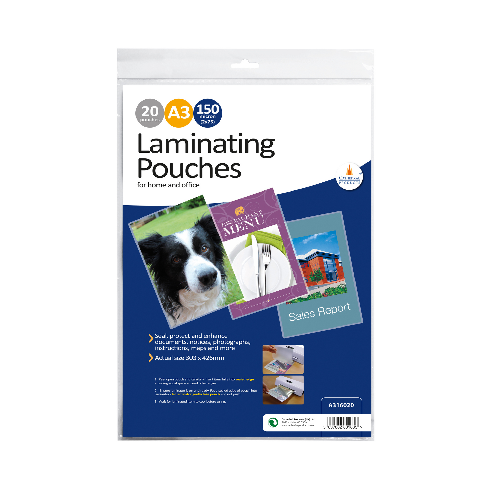 Package of Cathedral Products A3 gloss laminating pouches, 150 micron thickness, showing 20 pouches suitable for documents, notices, and photographs, with examples of a laminated dog photo, restaurant menu, and sales report on the front.