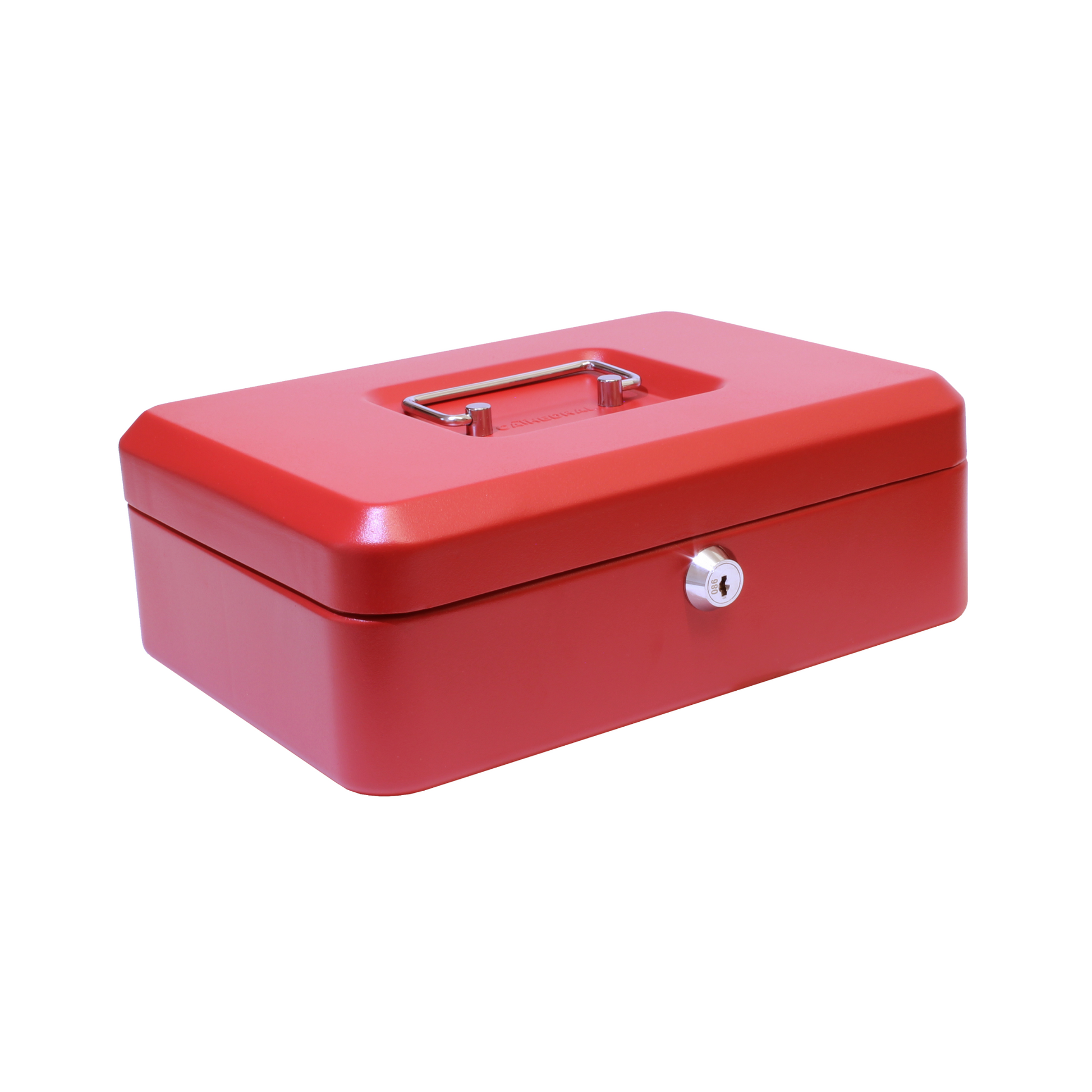 A closed matte red 10-inch key lockable cash box. The box features a sturdy metal handle and a secure lock at the front for safekeeping of cash and coins.