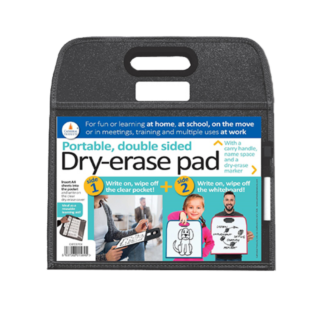 Portable, double-sided black dry-erase pad with a carry handle, designed for versatile use at home, school, or work. The pad includes a clear pocket on one side and a whiteboard on the other, with packaging insert showing a person holding the pad and a child's drawing of a dog. There is an elastic loop on the right hand side of the board, with a dry erase pen, with a small eraser on the cap.