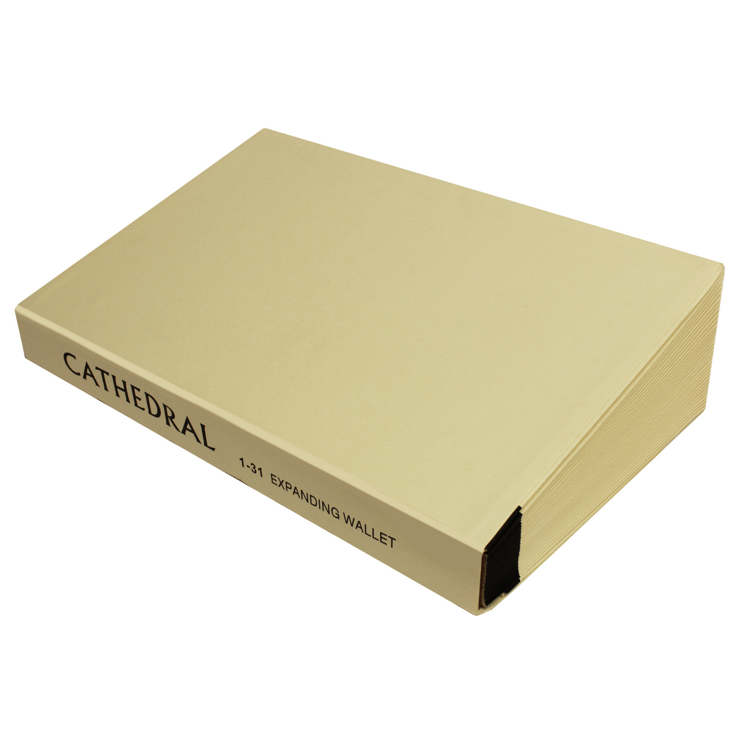 Closed beige Cathedral 1-31 expanding wallet lying flat, with black side reinforcement, designed for file organization, as seen from a slightly elevated angle.