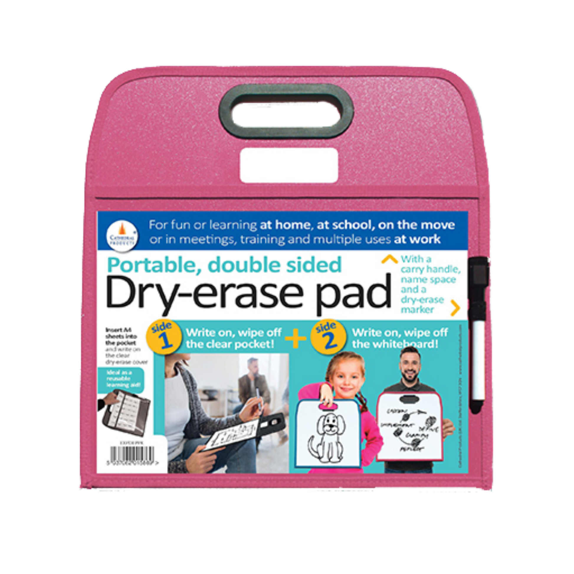 Portable, double-sided pink dry-erase pad with a carry handle, designed for versatile use at home, school, or work. The pad includes a clear pocket on one side and a whiteboard on the other, with packaging insert showing a person holding the pad and a child's drawing of a dog. There is an elastic loop on the right hand side of the board, with a dry erase pen, with a small eraser on the cap.