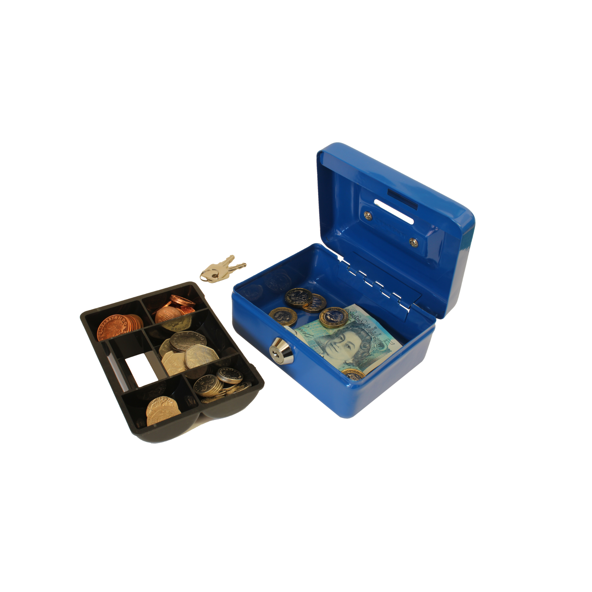 An open, bright blue, 4-inch key lockable cash box with a coin slot in the lid and a removable 5-compartment coin tray, displaying an assortment of coins and banknotes. Two keys are placed beside the box, indicating its secure lock mechanism.