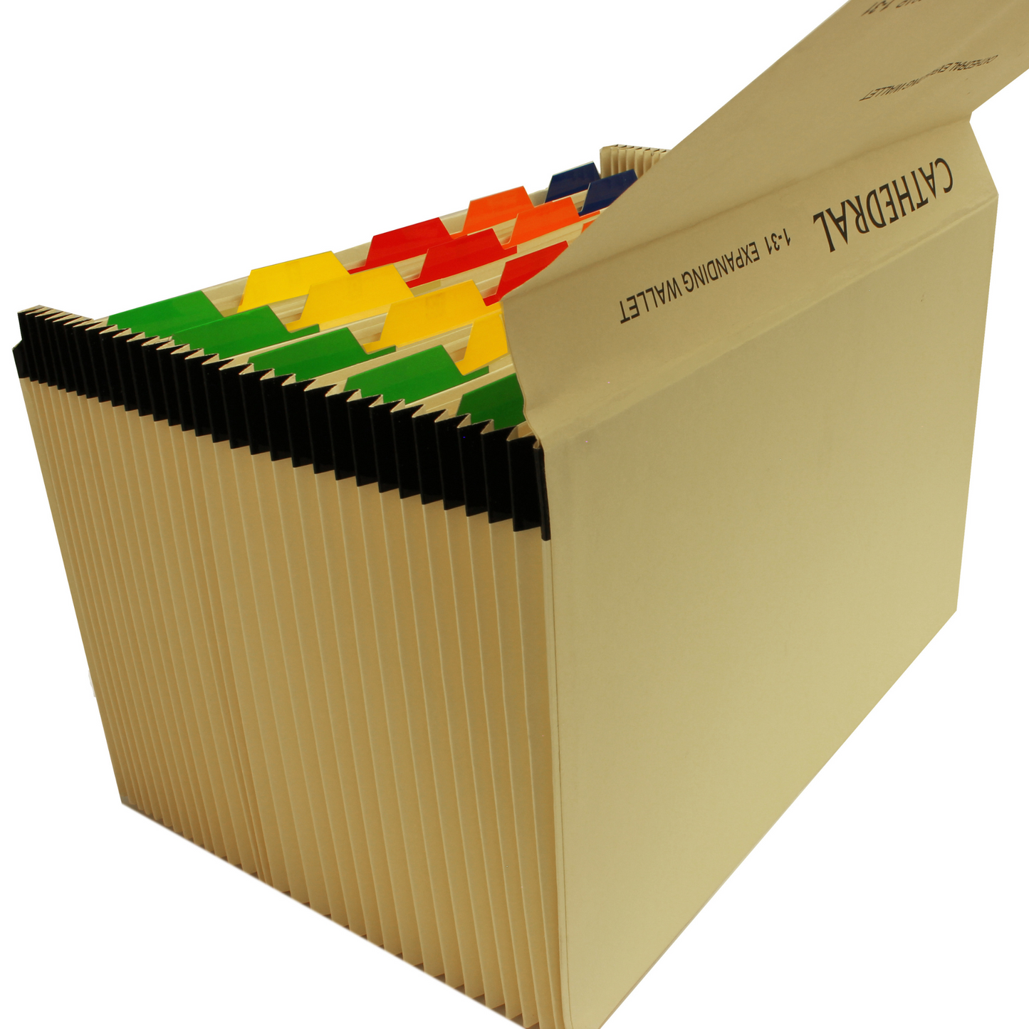 Side view of an open beige Cathedral expanding wallet with colorful indexed tabs, showcasing its accordion-style filing system for easy document organization.