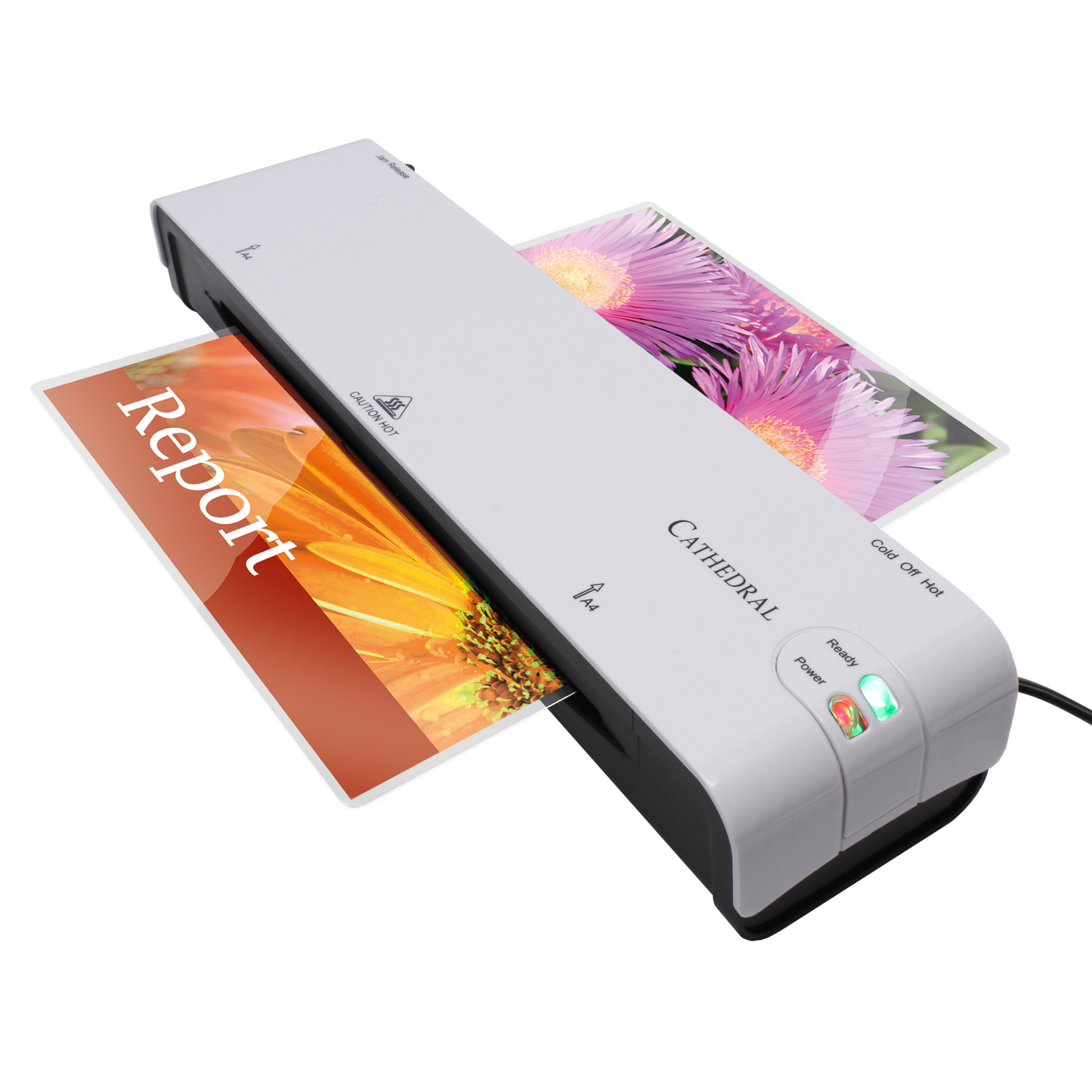 Image showing white Cathedral Products A4 laminator in use, while laminating an A4 sheet with "Report" and purple flowers on it.