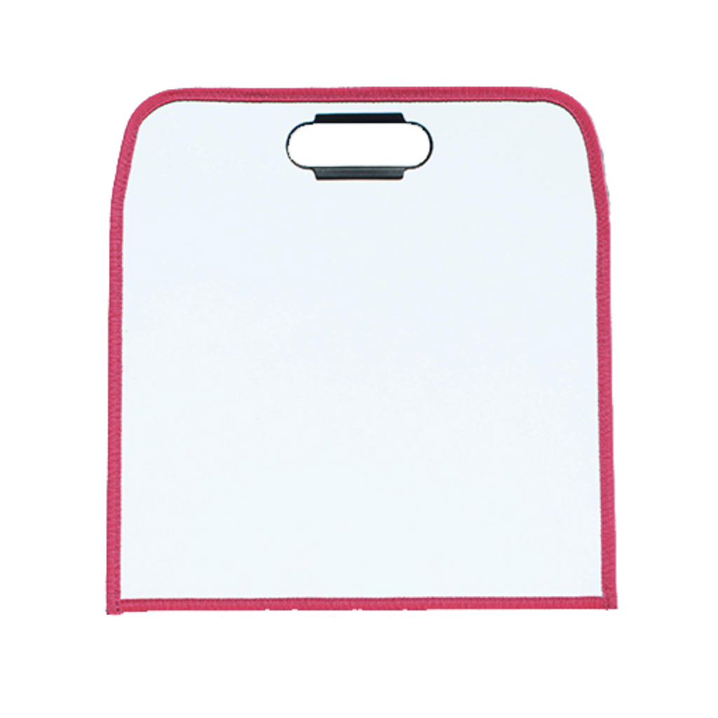 Blank dry-erase surface of the dry erase pad, with a sleek black carry handle on top, featuring a broad white writing surface and pink binding around the edge. Ideal for presentations, note-taking, or educational activities on the go.