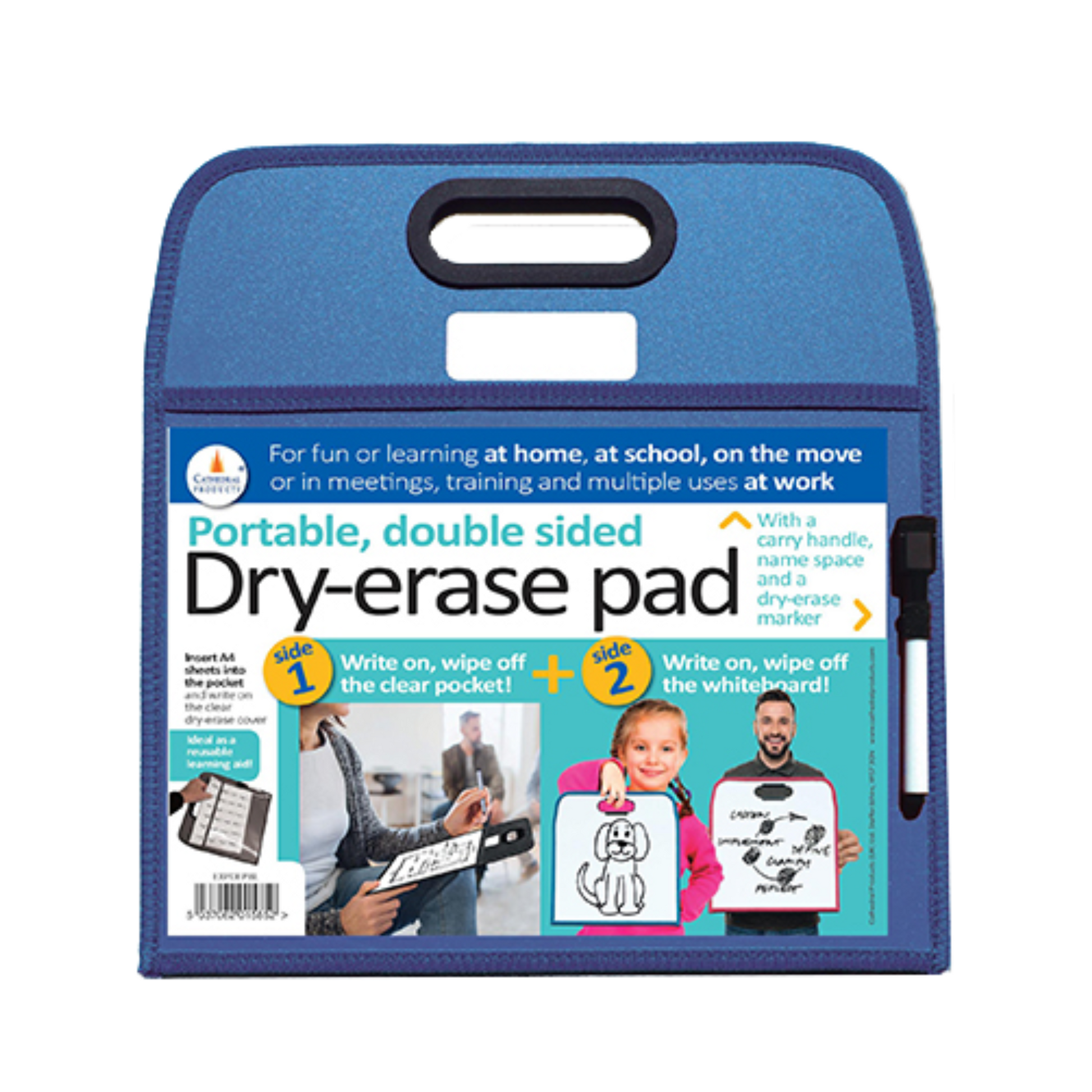 Portable, double-sided blue dry-erase pad with a carry handle, designed for versatile use at home, school, or work. The pad includes a clear pocket on one side and a whiteboard on the other, with packaging insert showing a person holding the pad and a child's drawing of a dog. There is an elastic loop on the right hand side of the board, with a dry erase pen, with a small eraser on the cap.