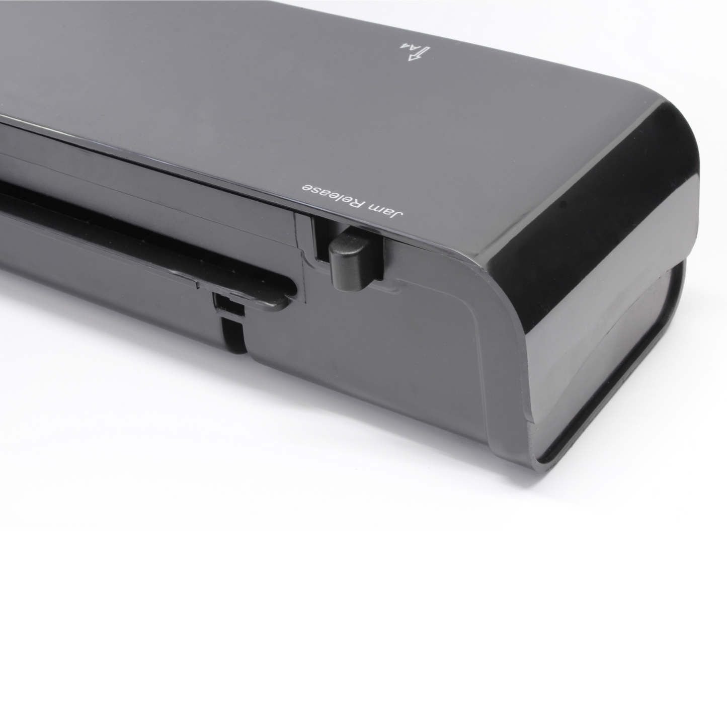 Side view of a Cathedral A4 laminator, featuring the jam release lever, emphasizing the device's sleek design and functionality for smooth laminating operations.