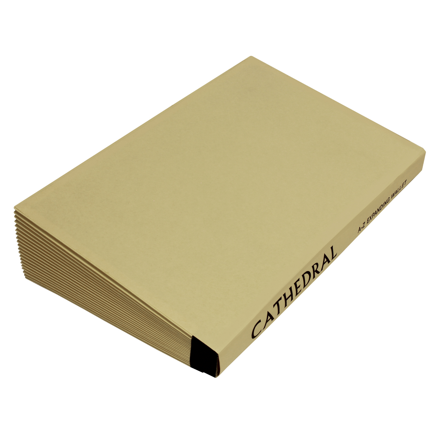 A beige manila, closed Cathedral Products A-Z expanding wallet laying flat, with the brand name 'CATHEDRAL' prominently displayed along the spine. The wallet's concertina side is partially visible, indicating its capacity to expand and hold a number of documents. The design is simple, with a focus on functionality and organization.