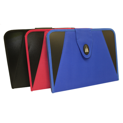 A range of 3 fabric document folders, one black, one blue and one red, standing side by side. Each features a velcro flap fastening featuring a Cathedral Products badge logo. The design suggests a combination of functionality and style, suitable for office or academic use.