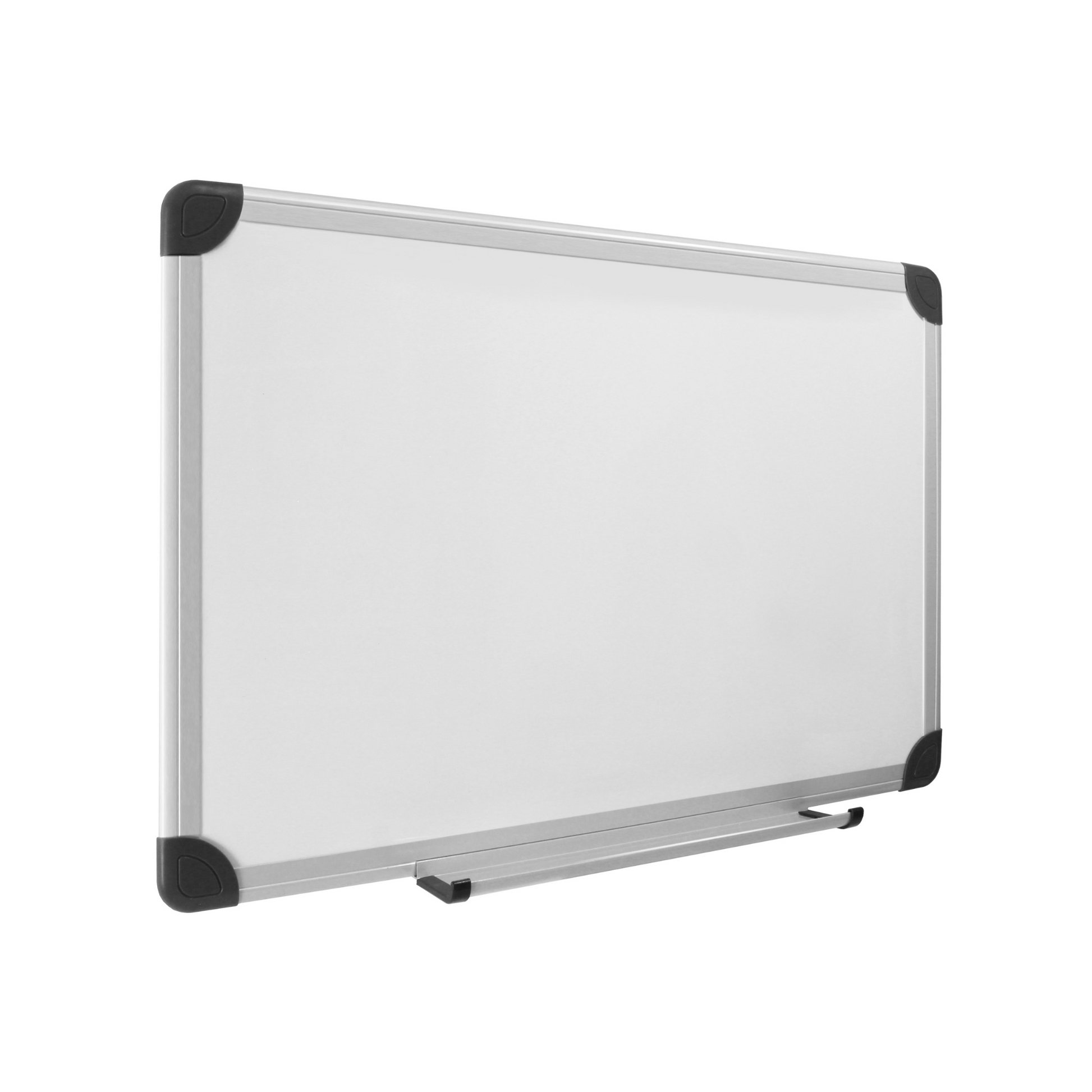 The image depicts a whiteboard with a blank writing surface, framed by a slim aluminium border and reinforced with black corner caps. It has a tray along the bottom edge for holding markers and erasers. This whiteboard is typically used in educational settings, offices, or meeting rooms as a visual aid for presentations, lessons, brainstorming sessions, or for displaying information.