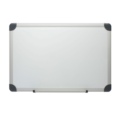 White magnetic dry-erase board with an aluminium frame and black plastic corners, featuring a marker tray at the bottom.