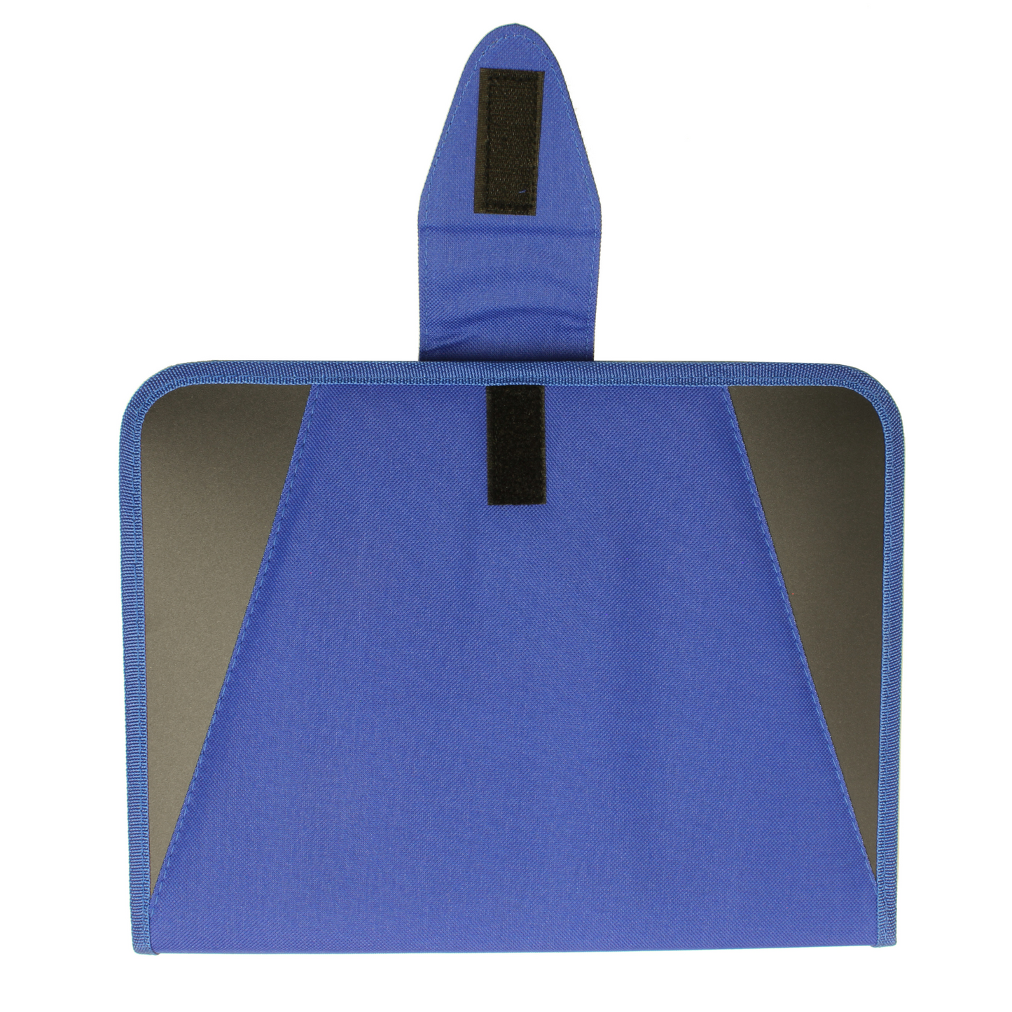 A vibrant blue fabric document folder, with velcro fastener opened flat. The folder features a Velcro fastener tab for secure closure. The edges are reinforced with blue trim, and the overall design is simple yet functional, suitable for organizing and protecting documents.