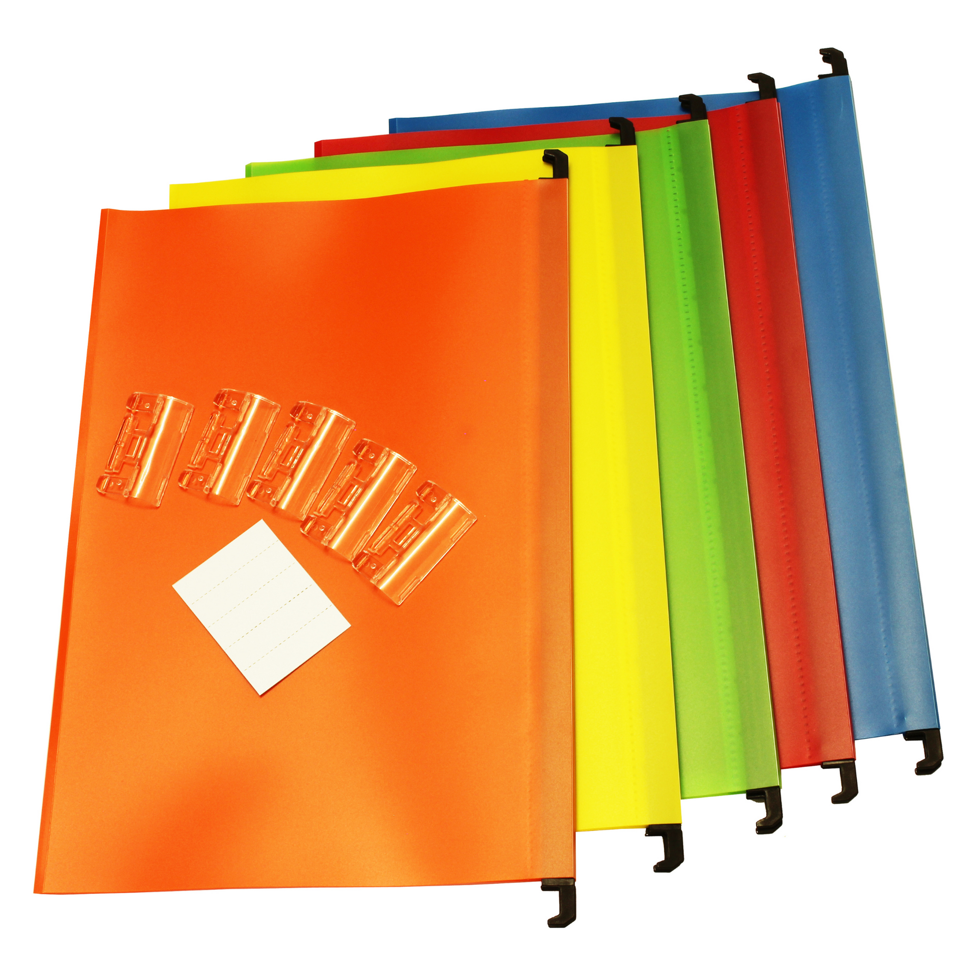 A pack of five brightly colored foolscap polypropylene suspension files fanned out, with colors including blue, red, green, orange, and yellow, each featuring a plastic tab for labelling, along with a perforated strip of inserts for the filing tabs.