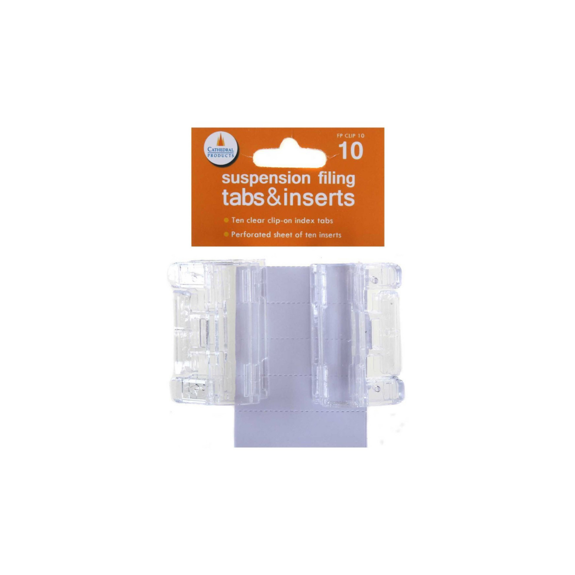 Packaging of Cathedral Products suspension filing tabs and inserts, containing ten clear clip-on index tabs and a perforated sheet of ten inserts. The packaging is orange and white with product information and branding displayed.