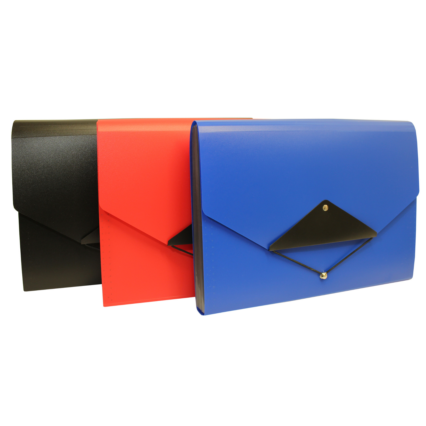 Three brightly colored envelope-style folders displayed overlapping each other. The front folder is blue with a triangular flap and elastic closure, the middle one is red, and the one at the back is black. Their vibrant colors and design suggest a modern and stylish way to organize and carry documents.
