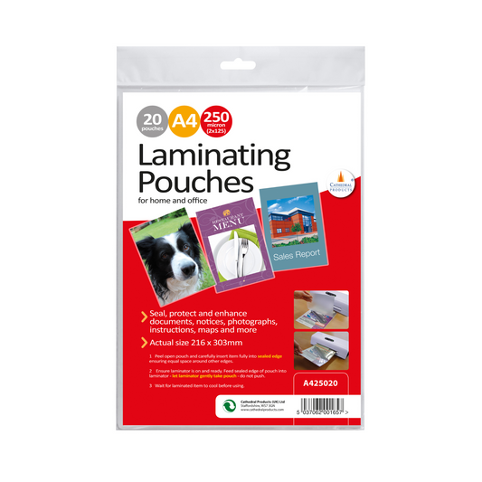 Package of Cathedral Products A4 gloss laminating pouches, 250 micron thickness, showing 20 pouches suitable for documents, notices, and photographs, with examples of a laminated dog photo, restaurant menu, and sales report on the front.