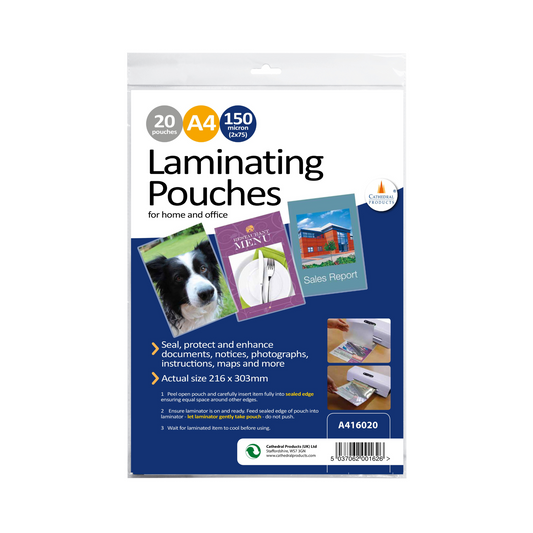 Package of Cathedral Products A4 gloss laminating pouches, 150 micron thickness, showing 20 pouches suitable for documents, notices, and photographs, with examples of a laminated dog photo, restaurant menu, and sales report on the front.