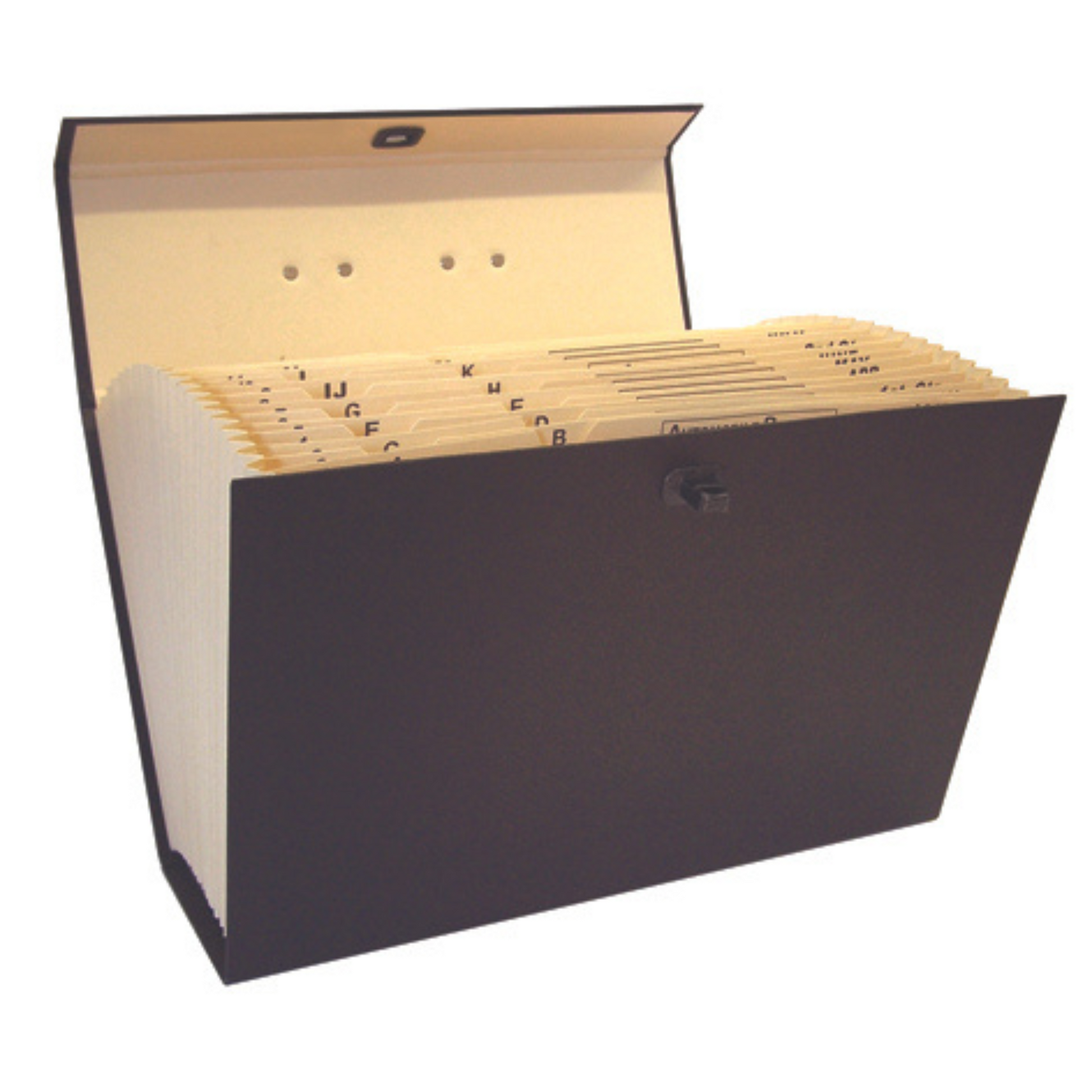 The image shows a black box-style expanding file organizer with open lid. Inside, there are multiple tabbed dividers with alphabet letters indicating sections from A to Z. The tabs are beige manila with black printed letters, and the box seems to be designed for organizing and storing documents in a home or office setting. 