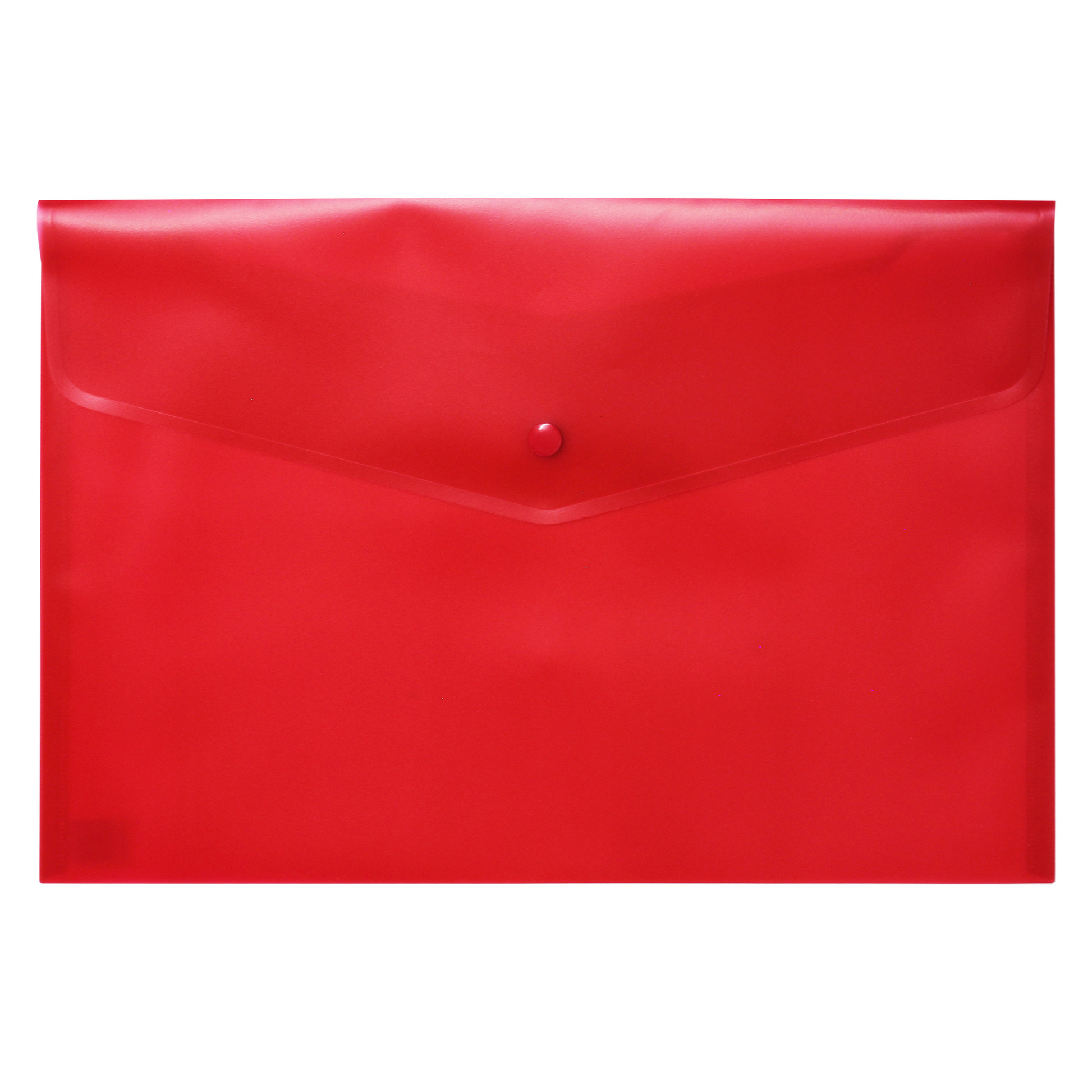 Vibrant red A4-sized plastic stud wallet with a snap-button closure, displayed against a white background.
