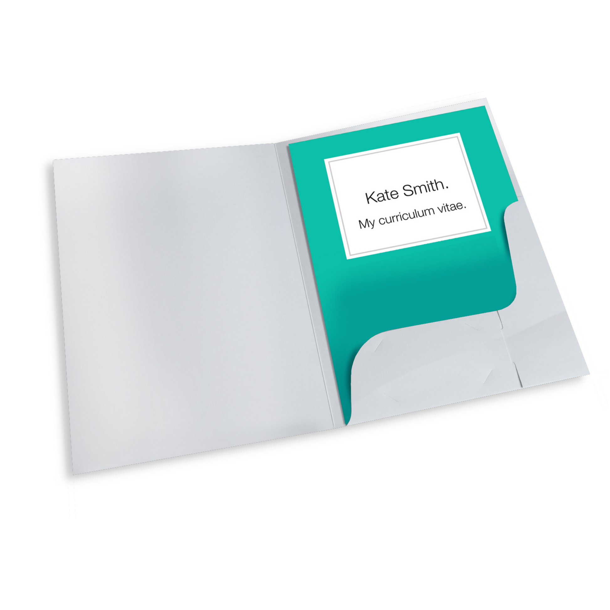 An open gloss white 250gsm card presentation folder containing a turquoise interior document with 'Kate Smith. My curriculum vitae.' The presentation folder also features a  pocket to keep the document in place, and 2 slots to hold a single business card.