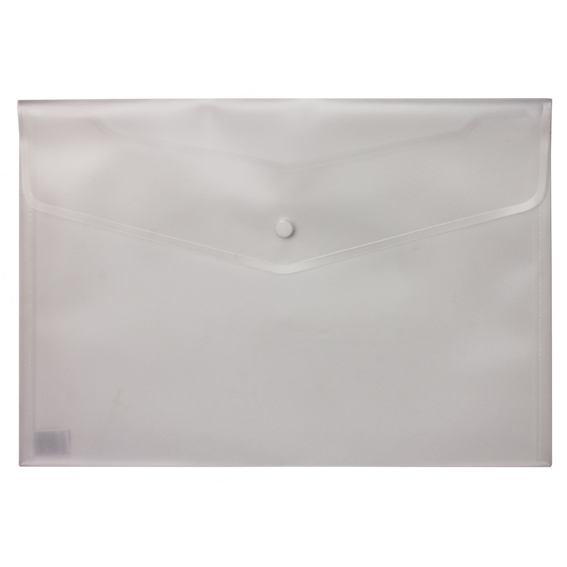 Clear A4-sized plastic stud wallet with a snap-button closure, displayed against a white background.