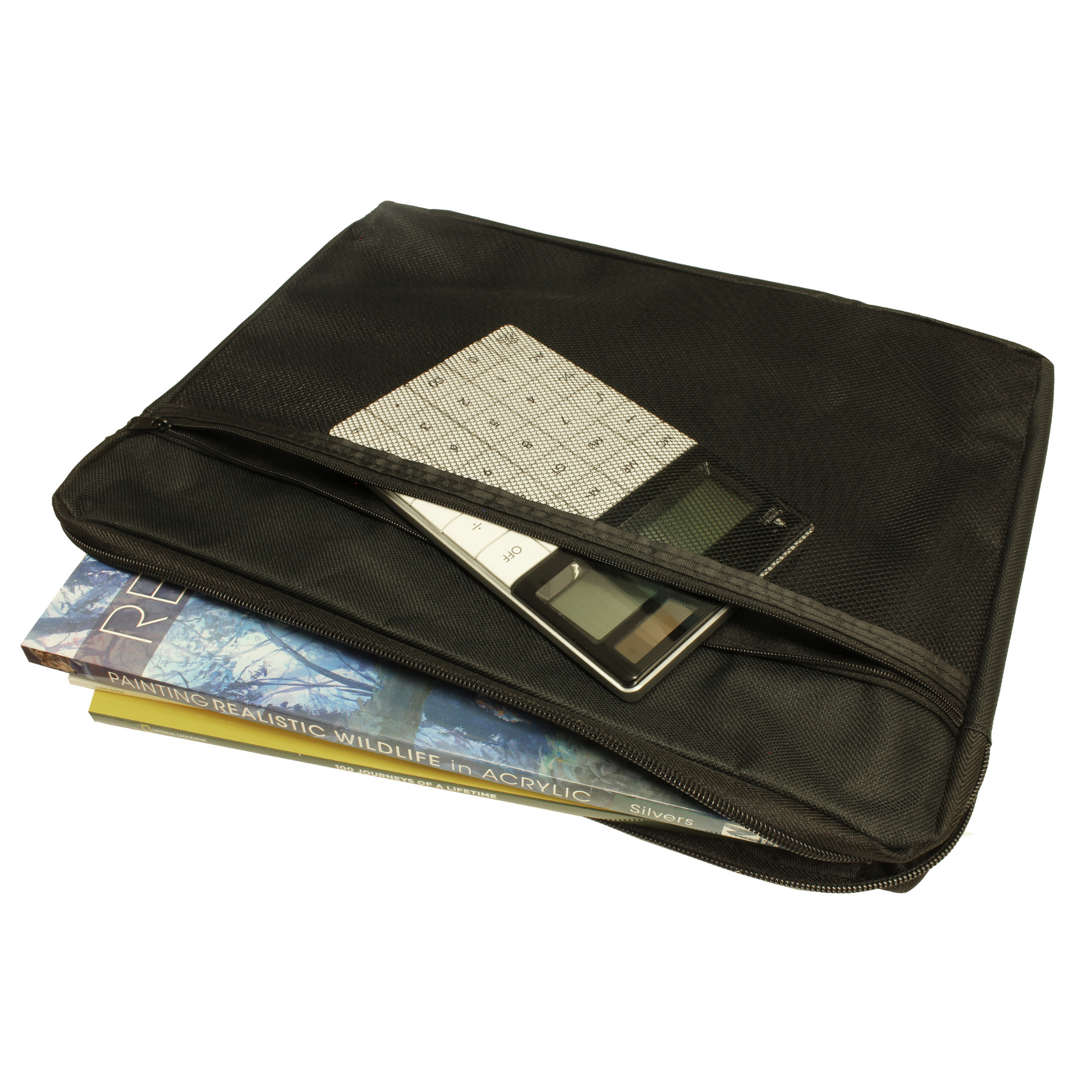 A partially open black A4 canvas document bag with a zipper, revealing its contents including a calculator, a mobile phone, and art instruction books titled '50 Journeys' and 'Painting Realistic Wildlife in Acrylic', highlighting the bag's storage capability.