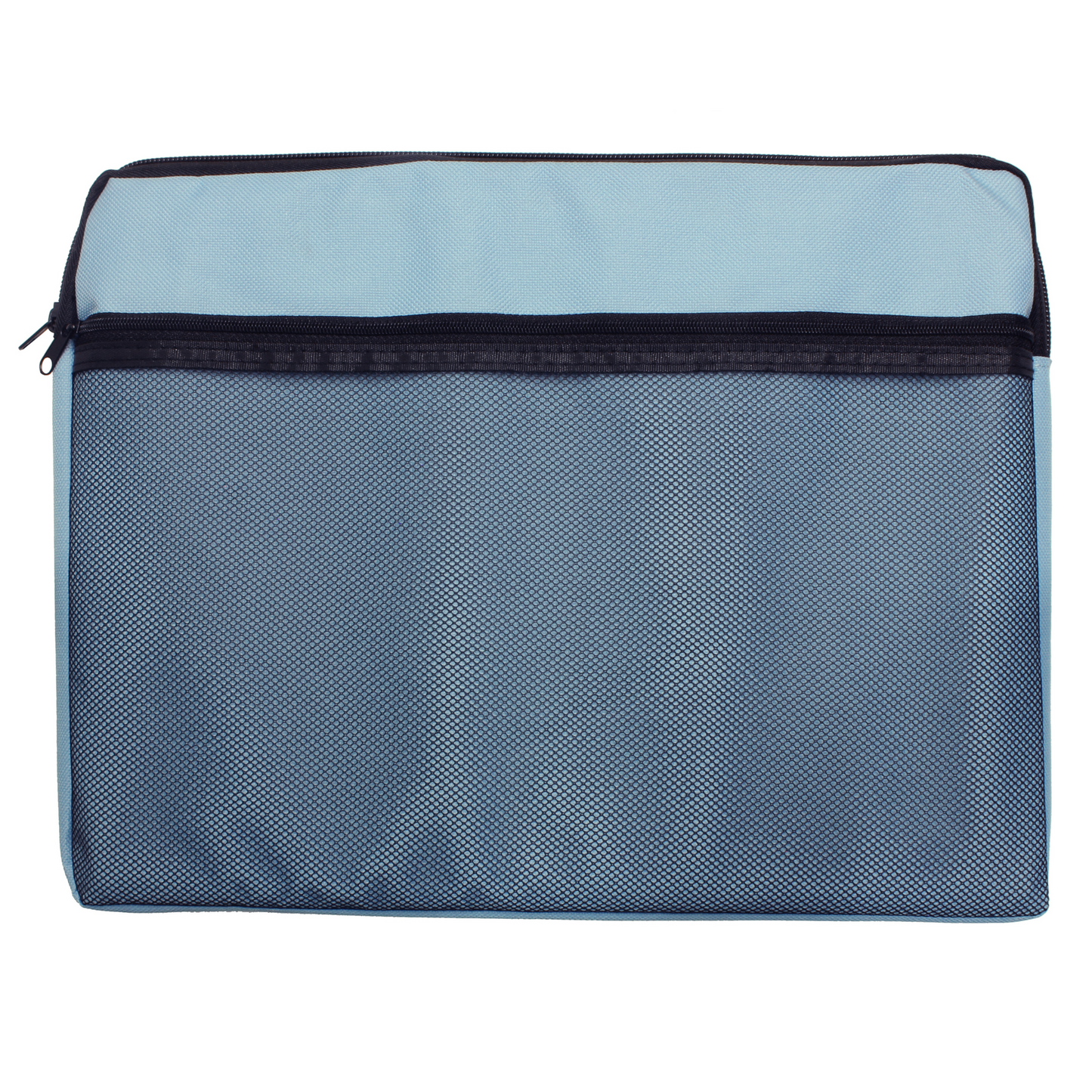 Durable A4 canvas document bag in pale plue, featuring a secure zip closure and an outer mesh pocket, ideal for organizing and carrying documents.