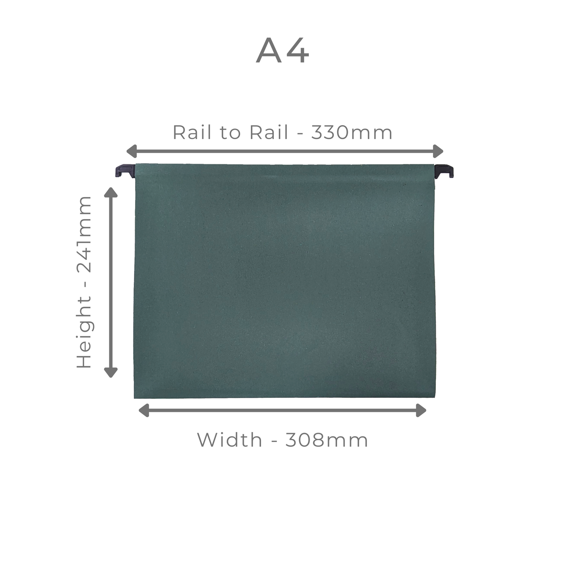 Dimensional diagram of an A4 green manilla suspension file, with measurements indicating a rail-to-rail length of 330mm, width of 308mm, and height of 241mm