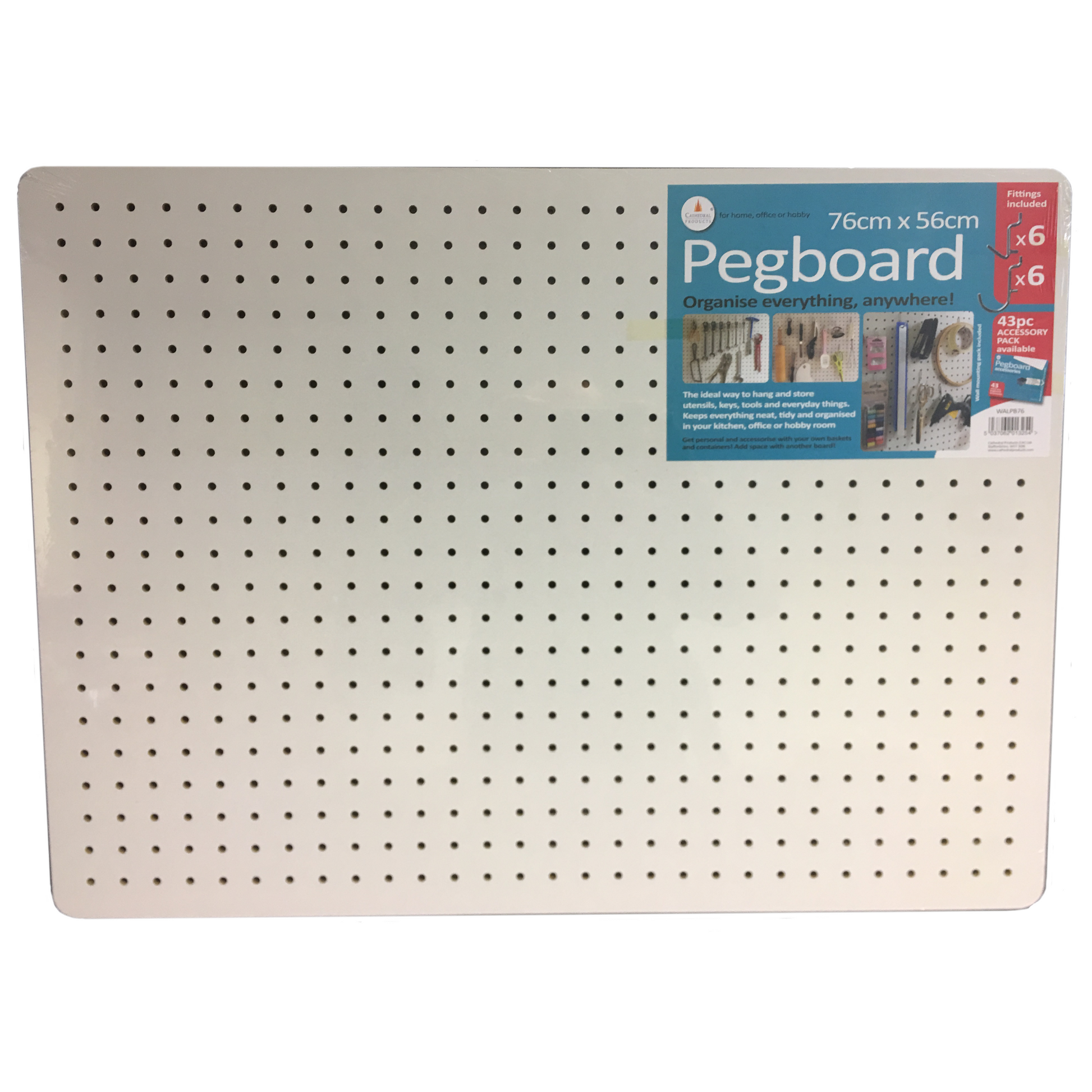 A white pegboard measuring 76x56cm with an attached packaging label that reads 'Pegboard - Organise everything, anywhere!' along with '43pc accessory pack available' and 'Fittings included x12.' The label shows images of the pegboard in use, holding various tools and utensils.