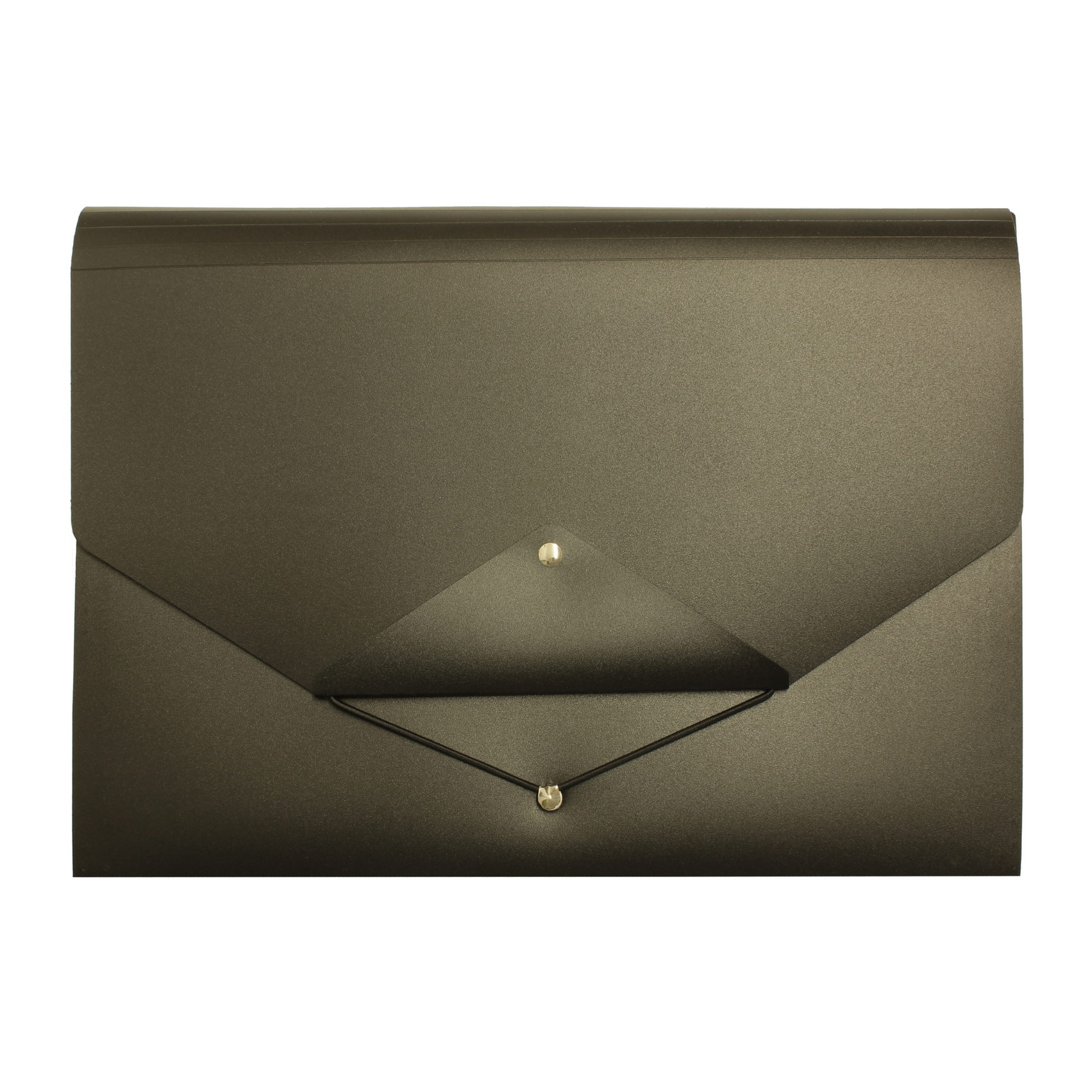 A black envelope-style folder with a black triangular flap and an elastic closure. The folder's material has a subtle texture, and it is designed for document storage with a stylish and professional appearance.