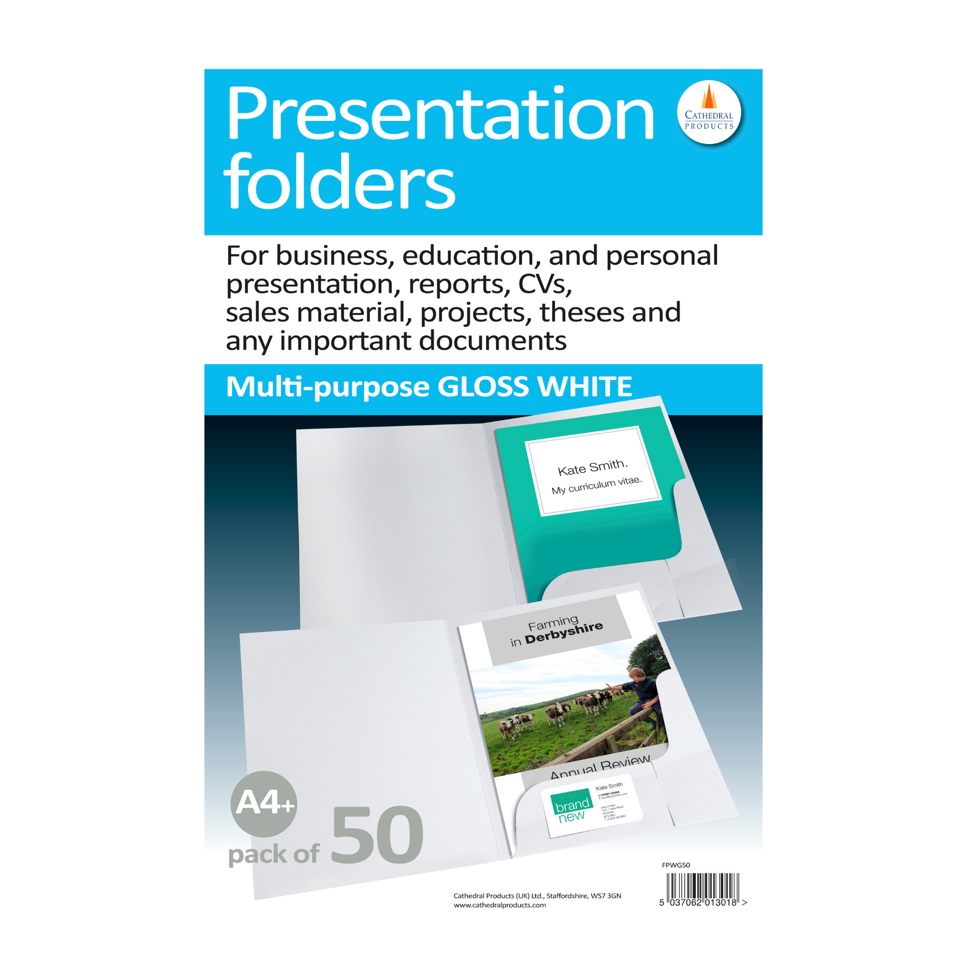 Printing on the box of a pack of 50 Cathedral Products A4 sized Presentation Folders, showcasing the multi-purpose gloss white folders with a business card holder. The text emphasizes their use for business, education, and personal presentation needs.